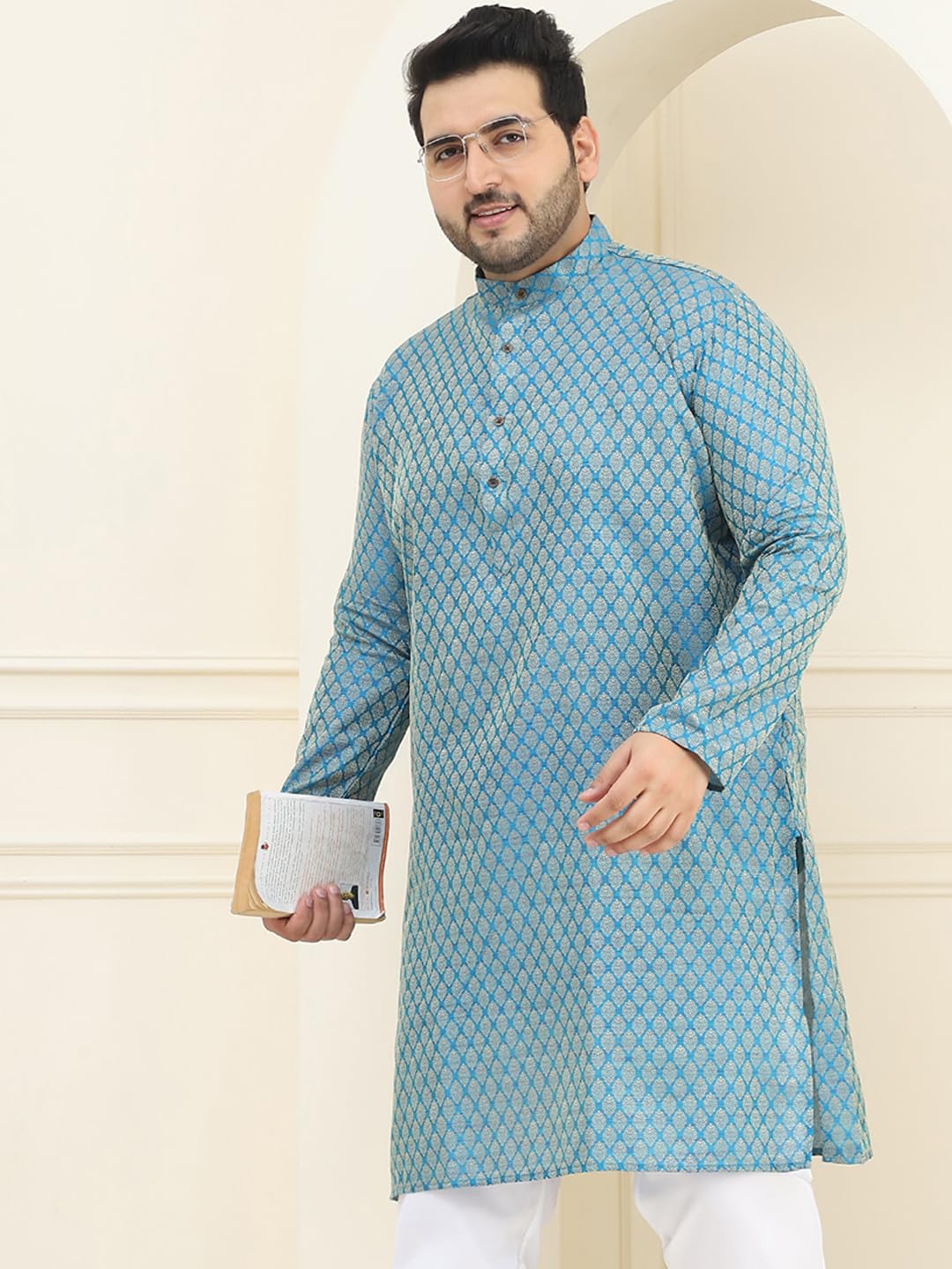 Sojanya Plus (Since 1958) Men's Silk Blend Peacock Blue Self Design Only Long Kurta