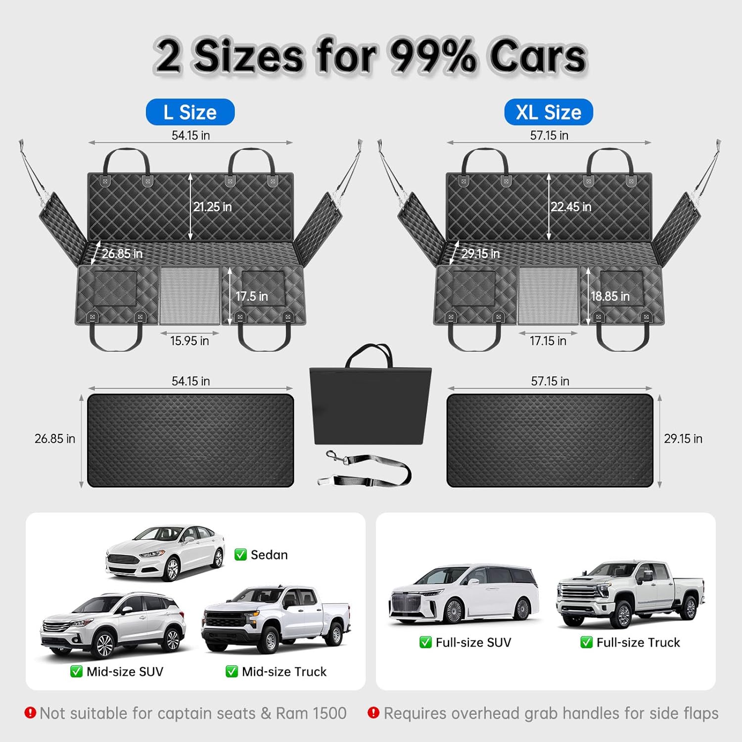 Dog Car Seat Cover for Back Seat with Detachable Mat, 600lb Support Waterproof Hard Bottom Car Hammock for 2-4 Large Dogs, Backseat Extender Protector for Full-Size Trucks & SUVs, BK-XL