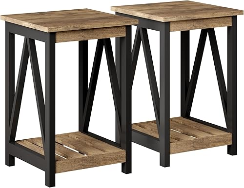 Miniatura 10 de ChooChoo - Mesa auxiliar de granja, mesa auxiliar rústica vintage con estante de almacenamiento para espacios pequeños, mesita de noche para sofá,