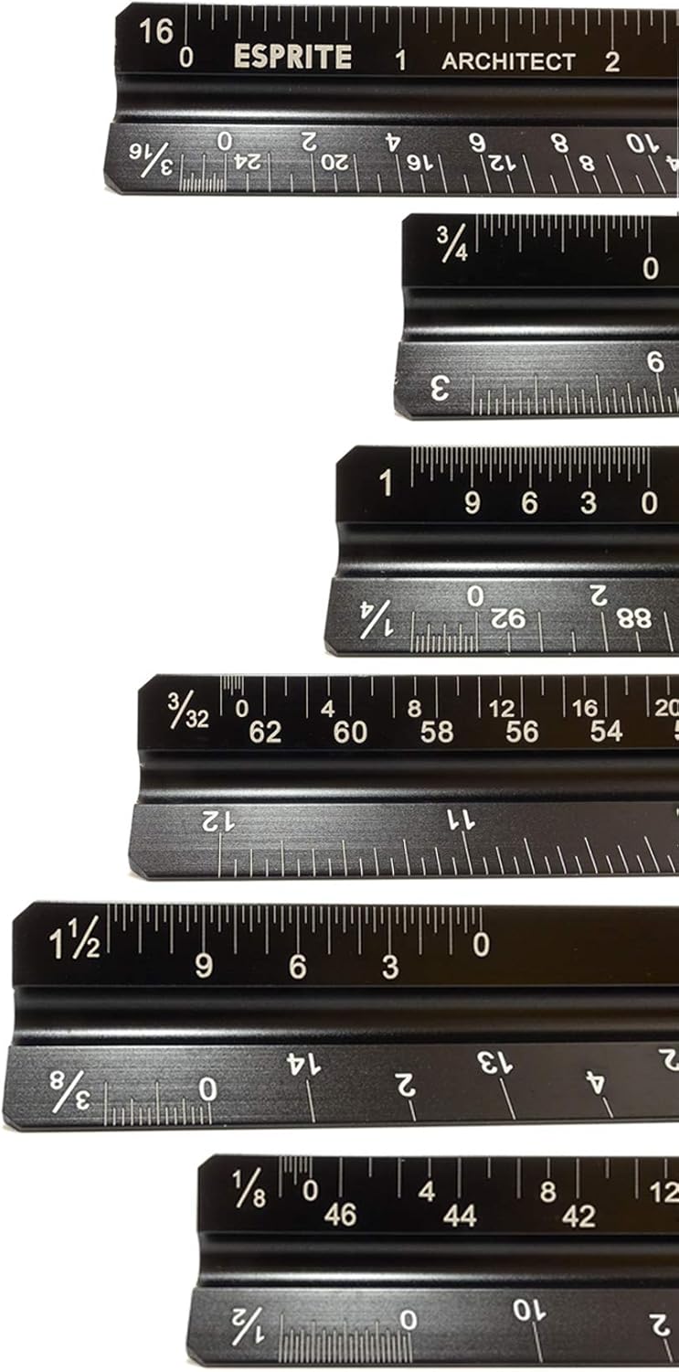 Vowcarol Architectural Scale Ruler, Engineering Scale and 12 inch Metal Ruler Set, Hollow Architecture Ruler with Solid Engineer Triangular, Laser Etched Metal Scale Rulers-3 PCS Lightweight : Office Products