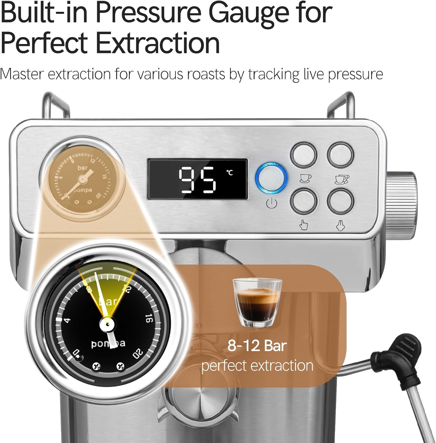 Espresso Machine, 20Bar Espresso Coffee Machine with Milk Frother & Temp Display, Stainless Steel Coffee Maker with 51oz Removable Water Tank for Latte, Cappuccino