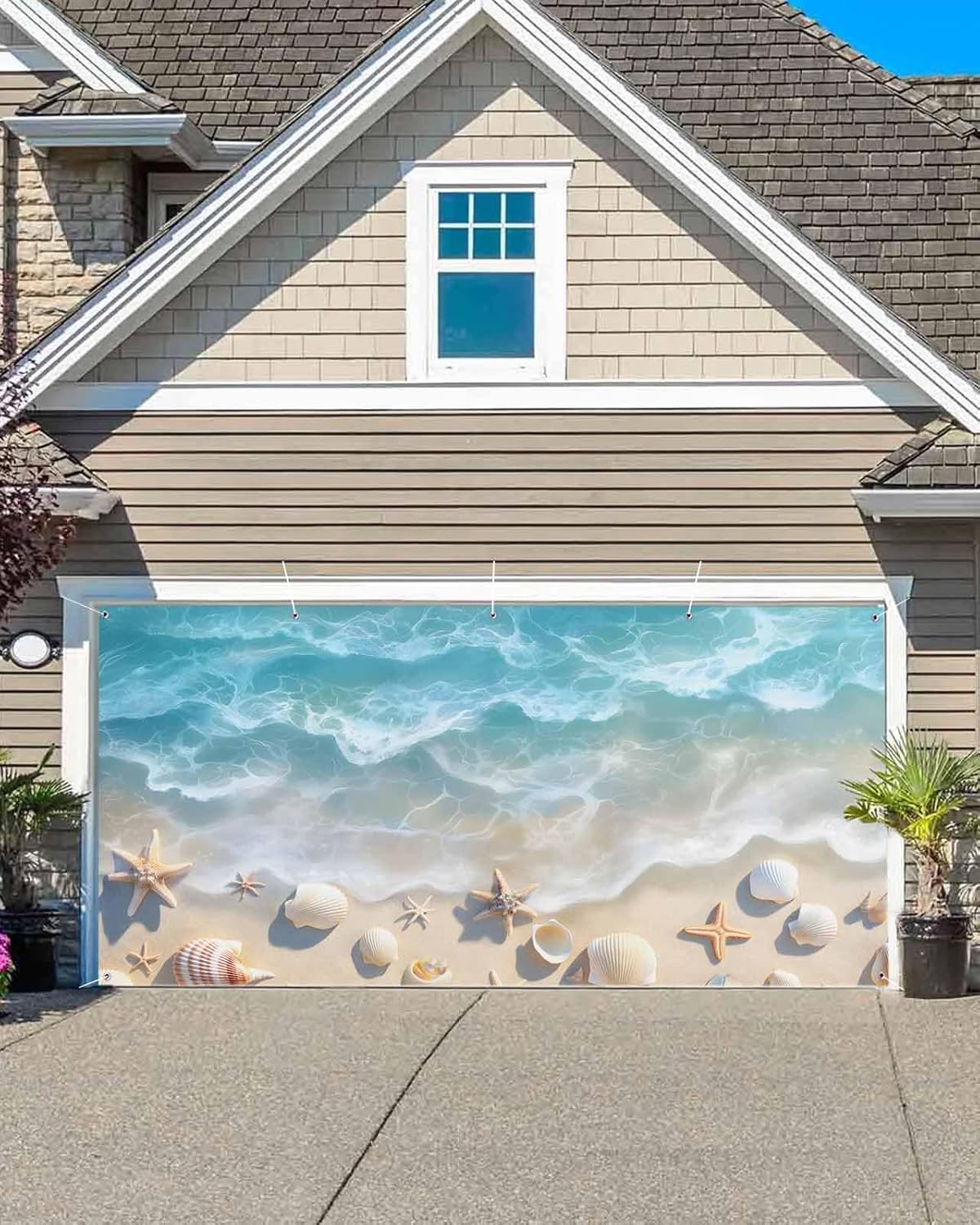 Summer Beach Shell Garage Door Cover Garage Door Decorations Blue Water Ripple Garage Door Banner with Grommets, Garage Door Backdrop Mural for Indoor Outdoor Wall Door Photography 7x8ft