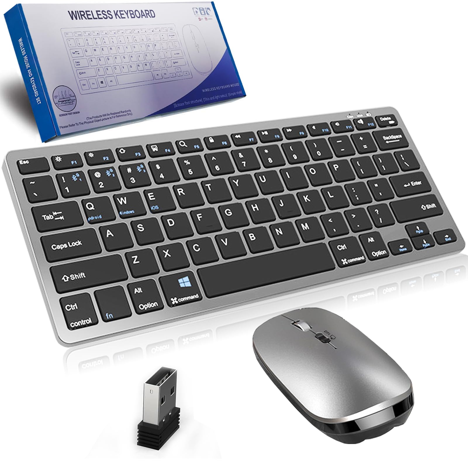 Ensembles Clavier et Souris sans Fil 2.4Ghz & 3 Bluetooth,Clavier Souris sans Fil Rechargeable Ultra-Fin Compact,Souris Silencieuse 3 D-PI Réglables,pour Ordinateur/PC/Laptop/Windows/Mac,QWERTY, Noir