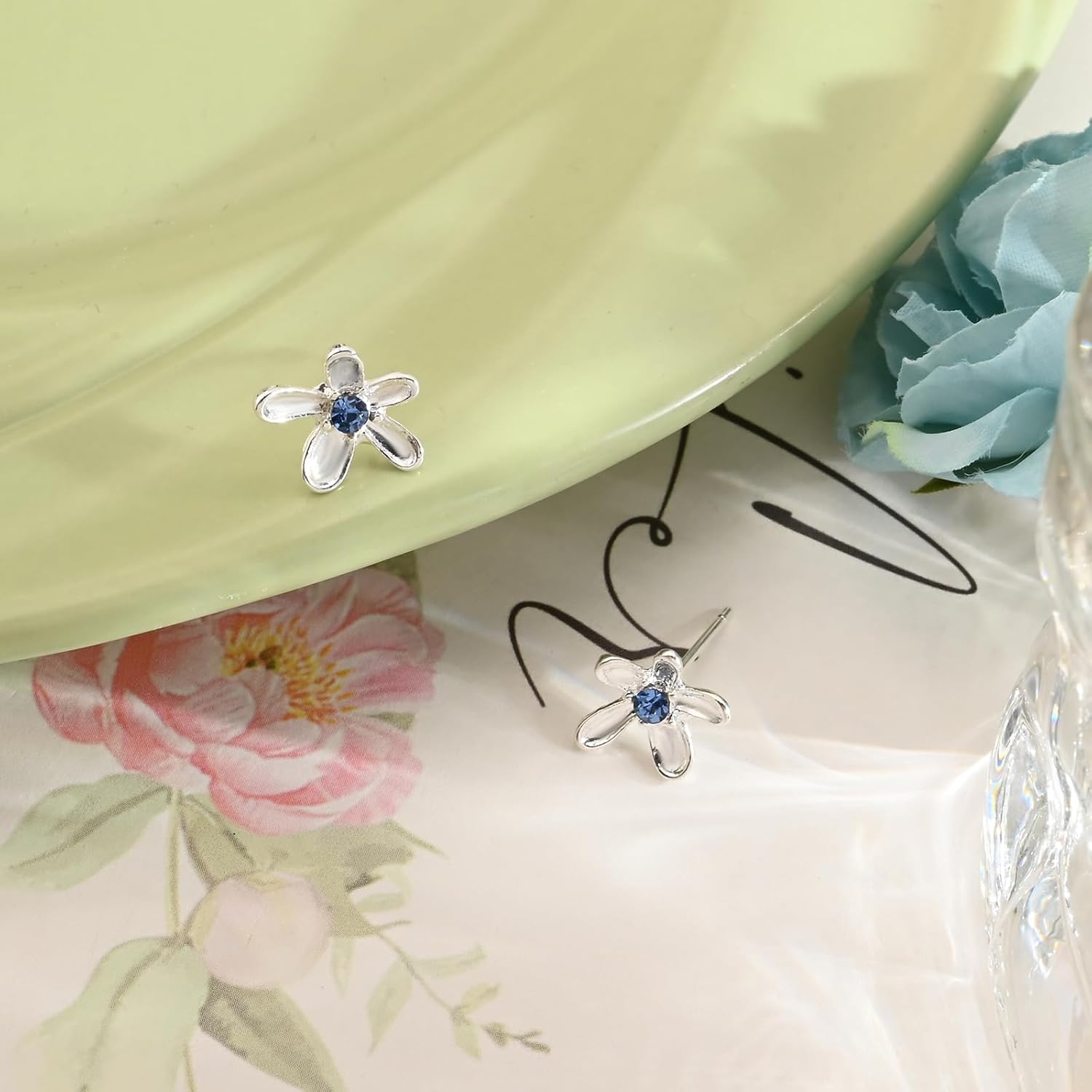 Tiny Sapphire Flower Studs Earrings for Women | Hypoallergenic Handmade Flower Jewelry with 925 Sterling Silver Post | Gift for Brides, Sensitive Ears & Celestial Blue Lovers - Image 6