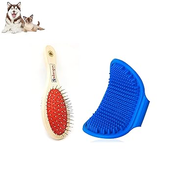 ESHOPY Dog Grooming Kit - Wooden Double-Sided Pet Grooming Brush (Large) & Bath Brush for All Ages Small, Medium Large Dogs And Cats - Combo of 2
