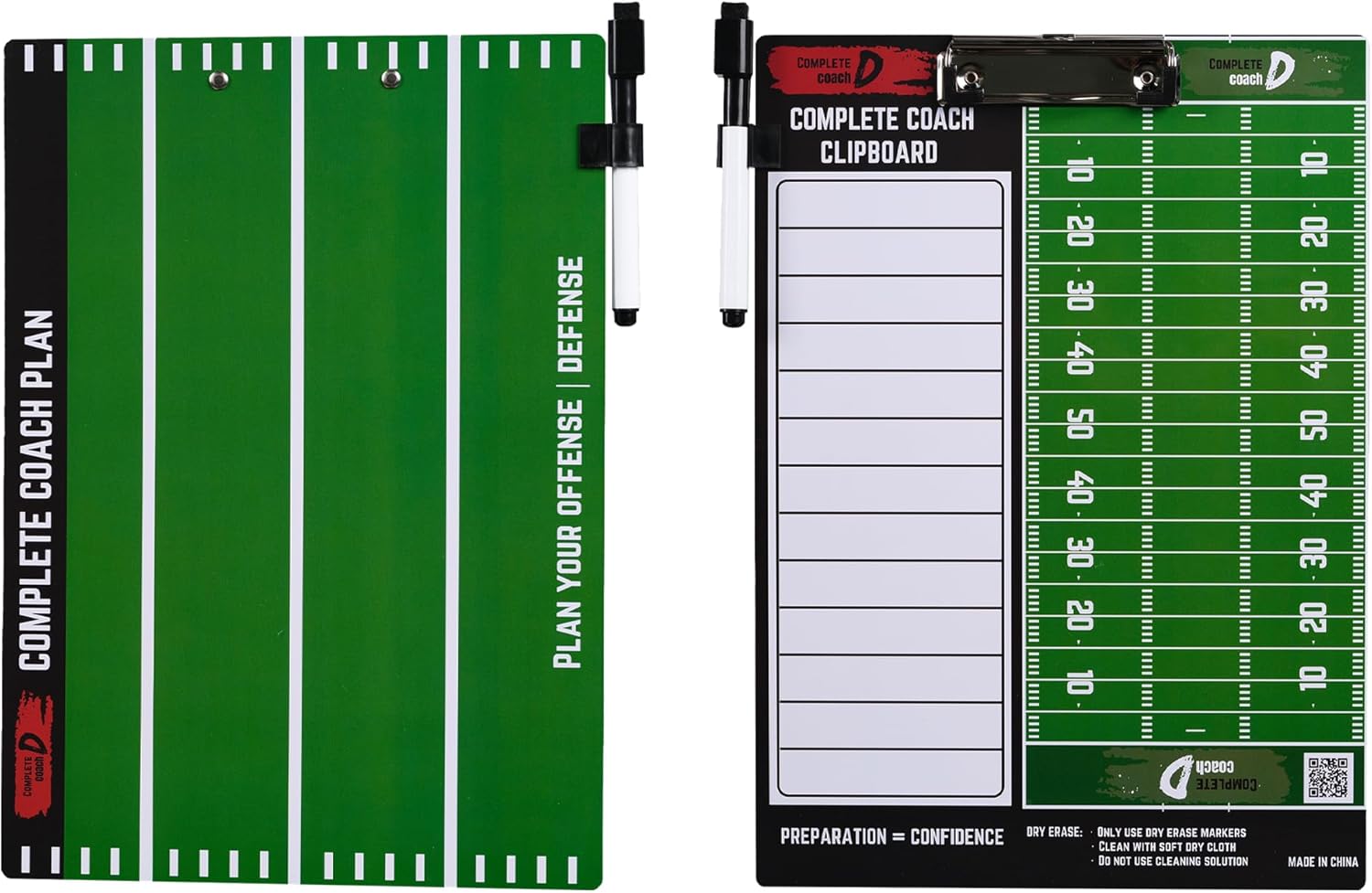 Coach's Flag Football or Tackle Football Dry Erase Clipboard - Double-Sided Coaching Marker Board to Plan Offense and Defense - Execute Your Game Plan! Bonus Whistle, Clip-on Marker, and Clip.