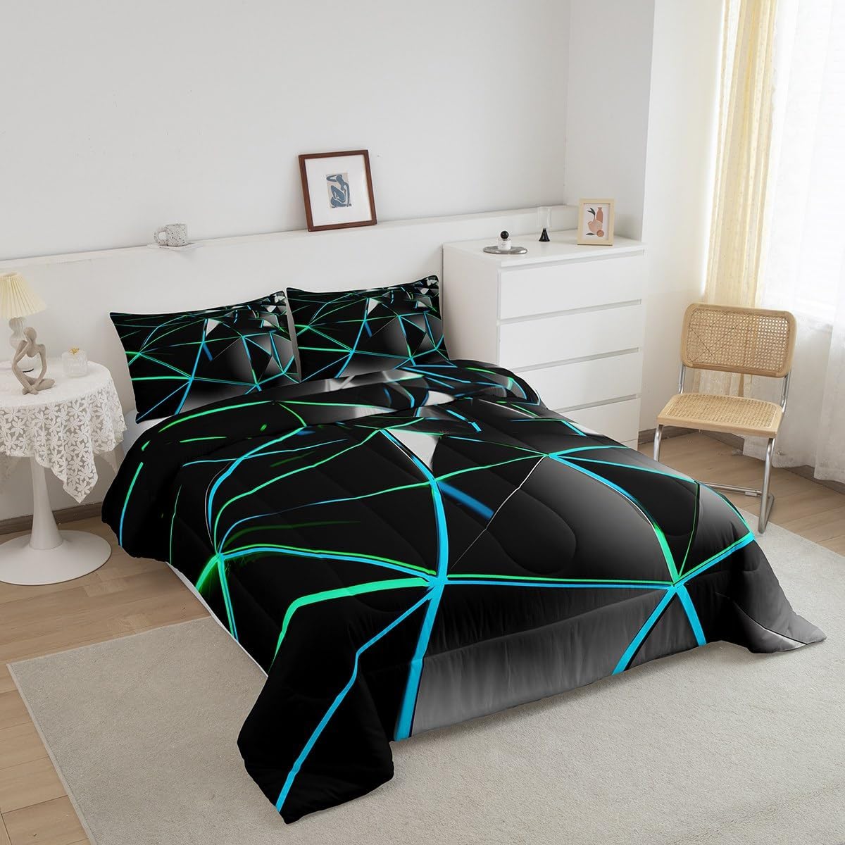 Feelyou Geometrics Hexagon Comforter Stereoscopic Honeycomb Comforter Set for Kids Blue Black Beehive Bedding Set Geometric Honeycomb Duvet Set Simplistic Room Decor Quilt Queen Size Boys