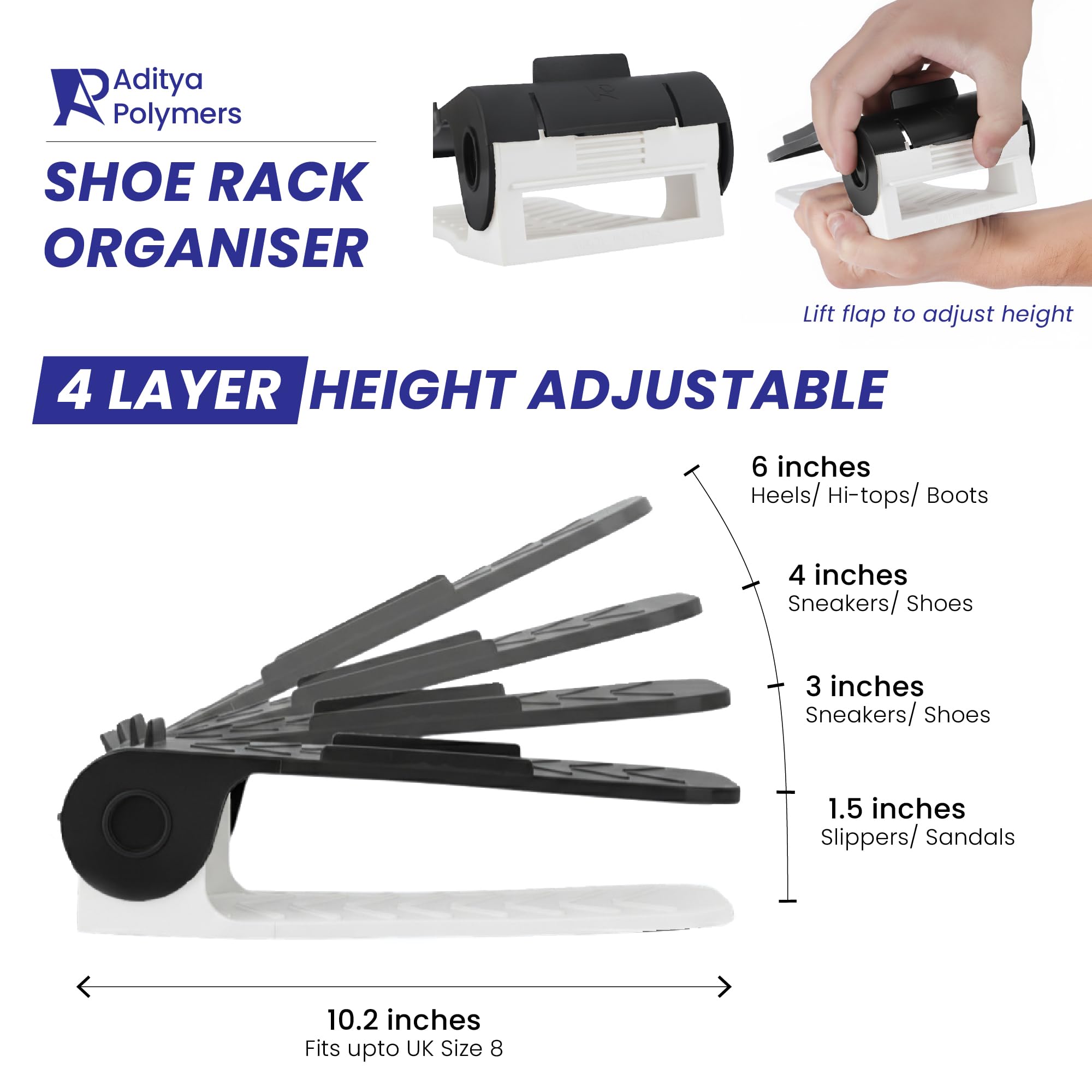 Aditya Polymers Adjustable Shoe Slot Organizer (Pack of 6, Black & White) | Double-Deck Space Saver & Stacker for Wardrobe, Closet & Shoe Rack | 4-Level Height | Anti-Slip Design 3