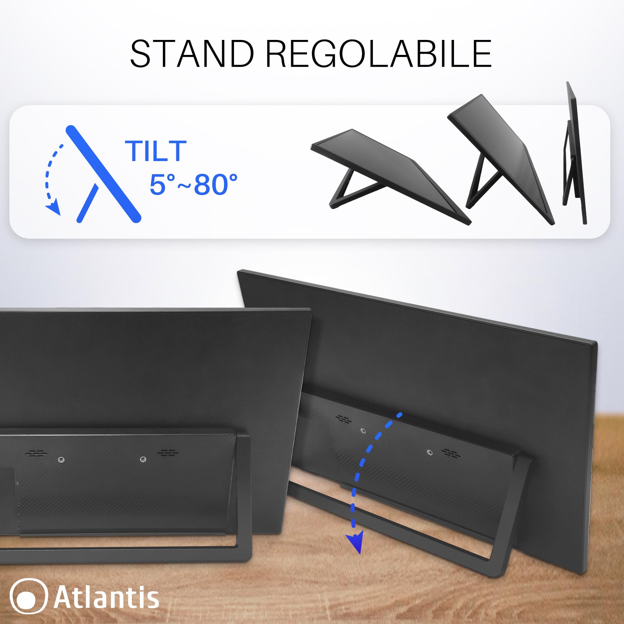 Atlantis Monitor Portatile 16” IPS Full HD, HDMI/USB-C, sotto 1 kg | Speaker 2x1W, inclinazione regolabile, per notebook, console e Switch, cavi inclusi, cod. A05-P156WP