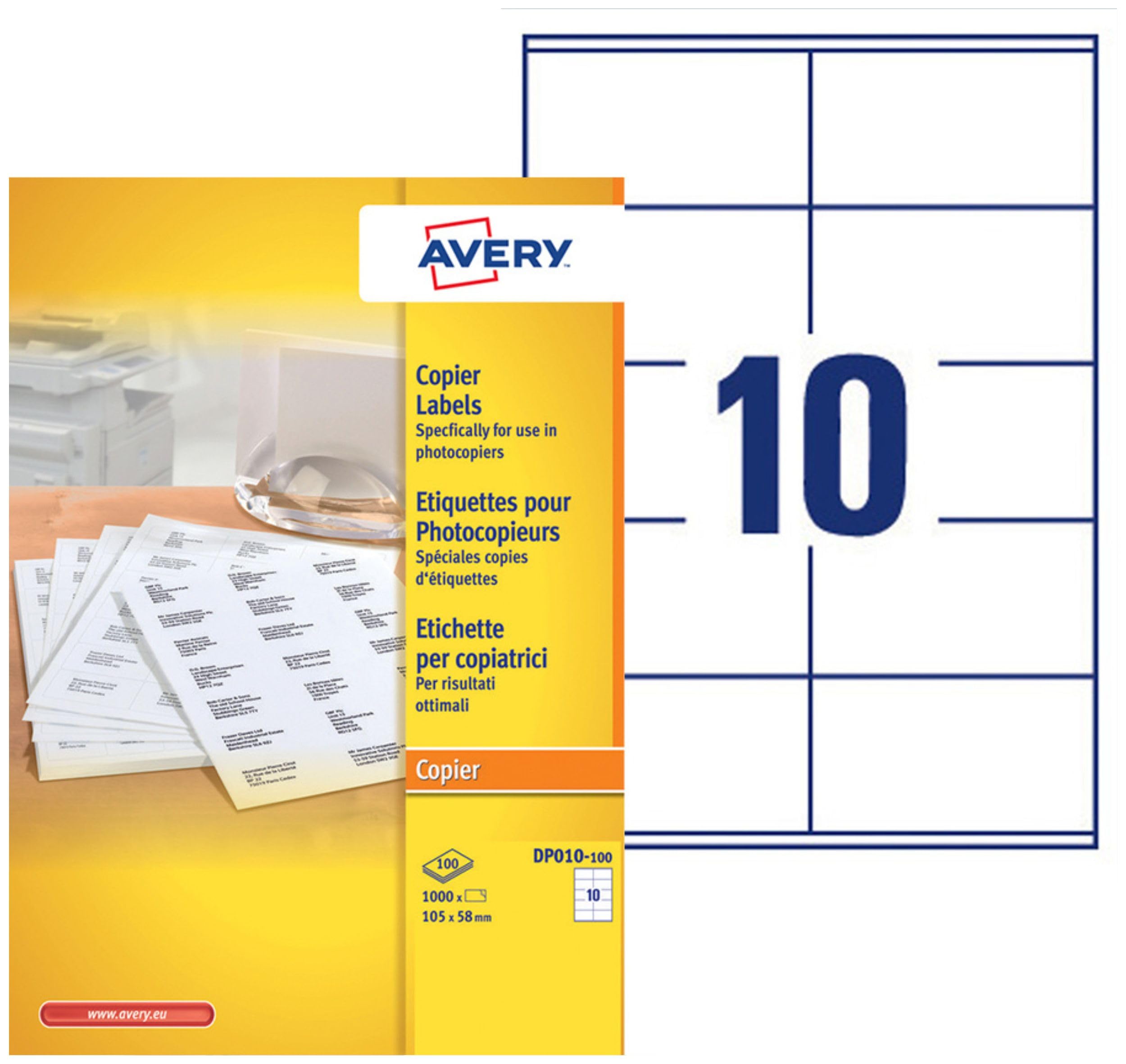 AVERY - Boite de 1000 étiquettes autocollantes multi-usages, Format 105 x 58 mm, Impression copieur, (DP010-100)