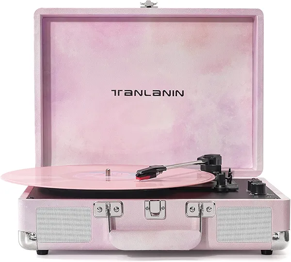 Watercolor Vinyl Record Player with Treble & Bass Control, Vintage 3-Speed Bluetooth Suitcase Portable Turntables with Built-in Speakers, 33 45 78 RPM LP Player Support RCA/AUX/Headphone Jack, Pink