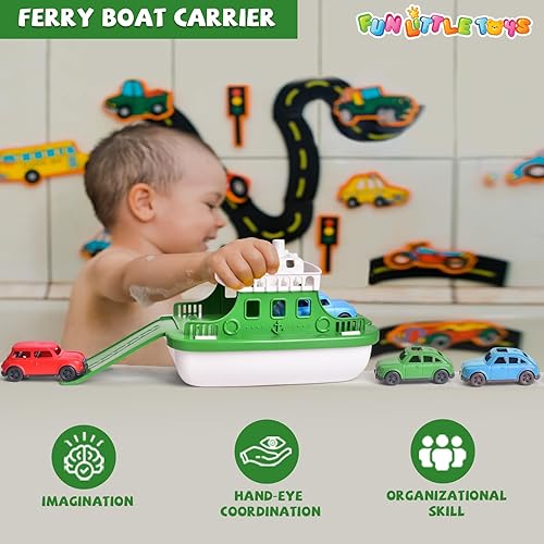 Miniatura 2 de Juguetes de baño de barco de juguete para niños pequeños con 4 juguetes de mini autos y 4 chorros de barco de baño, ferry para niños, para bañera,