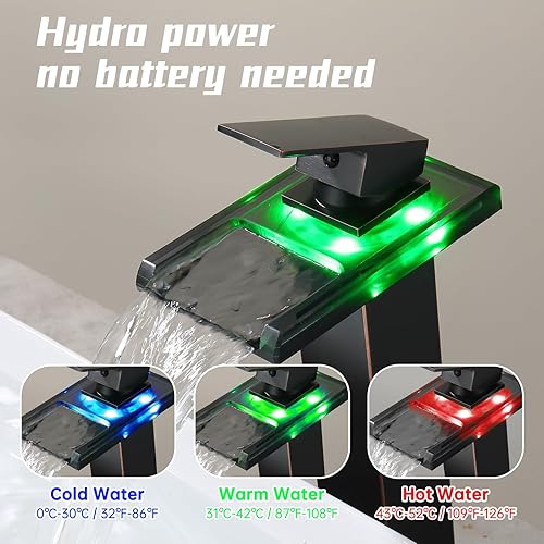 Miniatura 8 de Grifo LED para lavabo de baño, grifo de fregadero de recipiente alto, cascada de una sola manija, 1 agujero y 2 líneas de suministro de agua, grifo