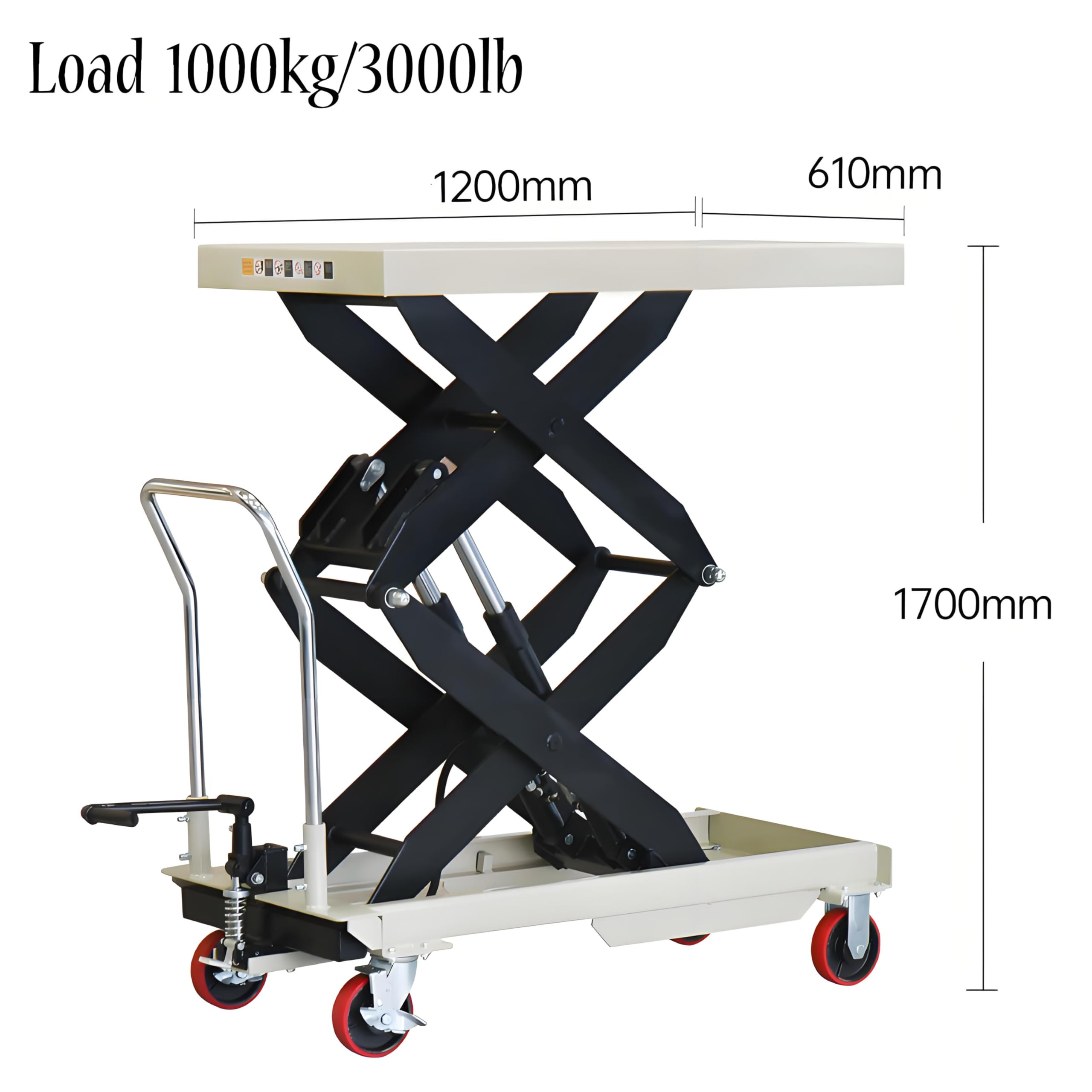 Manueller hydraulischer Hebewagen, mobiler Lager-Plattform, zusammenklappbarer Scherenhubwagen (1200 x 610 mm Tischplatte – Höhe 1700 mm) für schwere Frachtumschlagung.