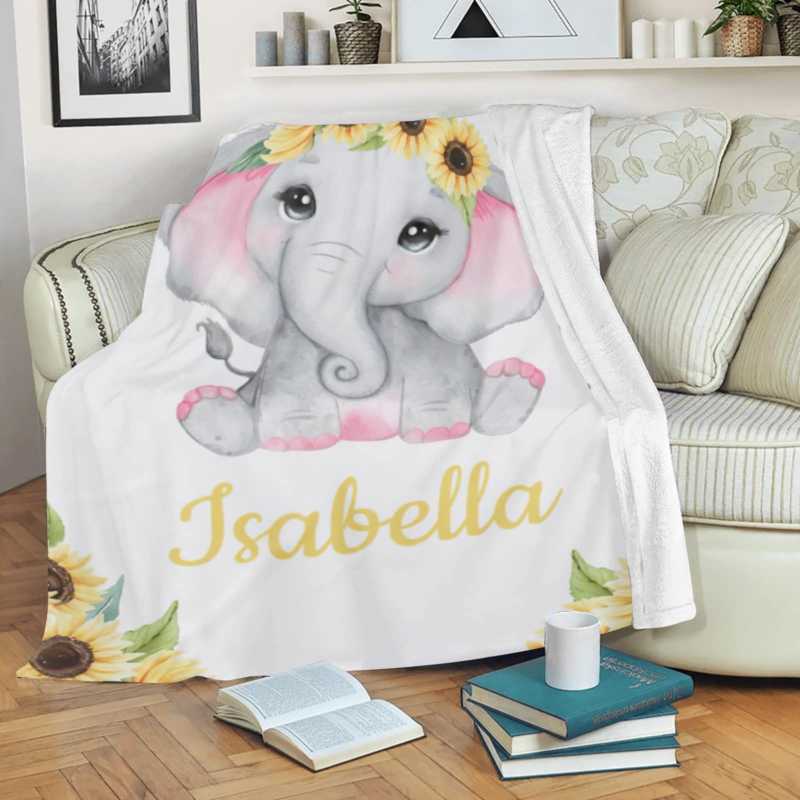 Personalized Elephant & Sunflower Baby Blanket - Custom Name Soft Blanket For Newborns & Toddlers