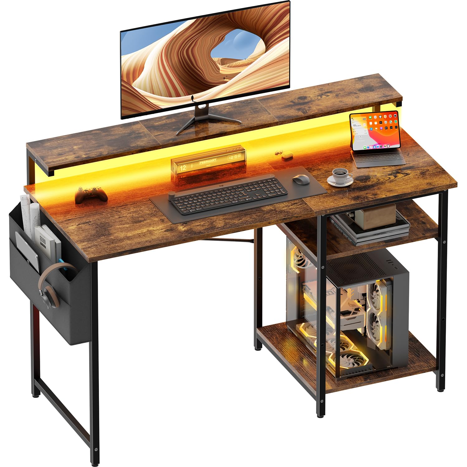 DLONGONE Gaming Desk with LED Lights, Computer Desk with Adjustable Monitor Stand, 120 x 48 cm Gaming Table with Storage Shelves and Storage Bag, PC Desks for Study, Bedroom, Living Room, Brown