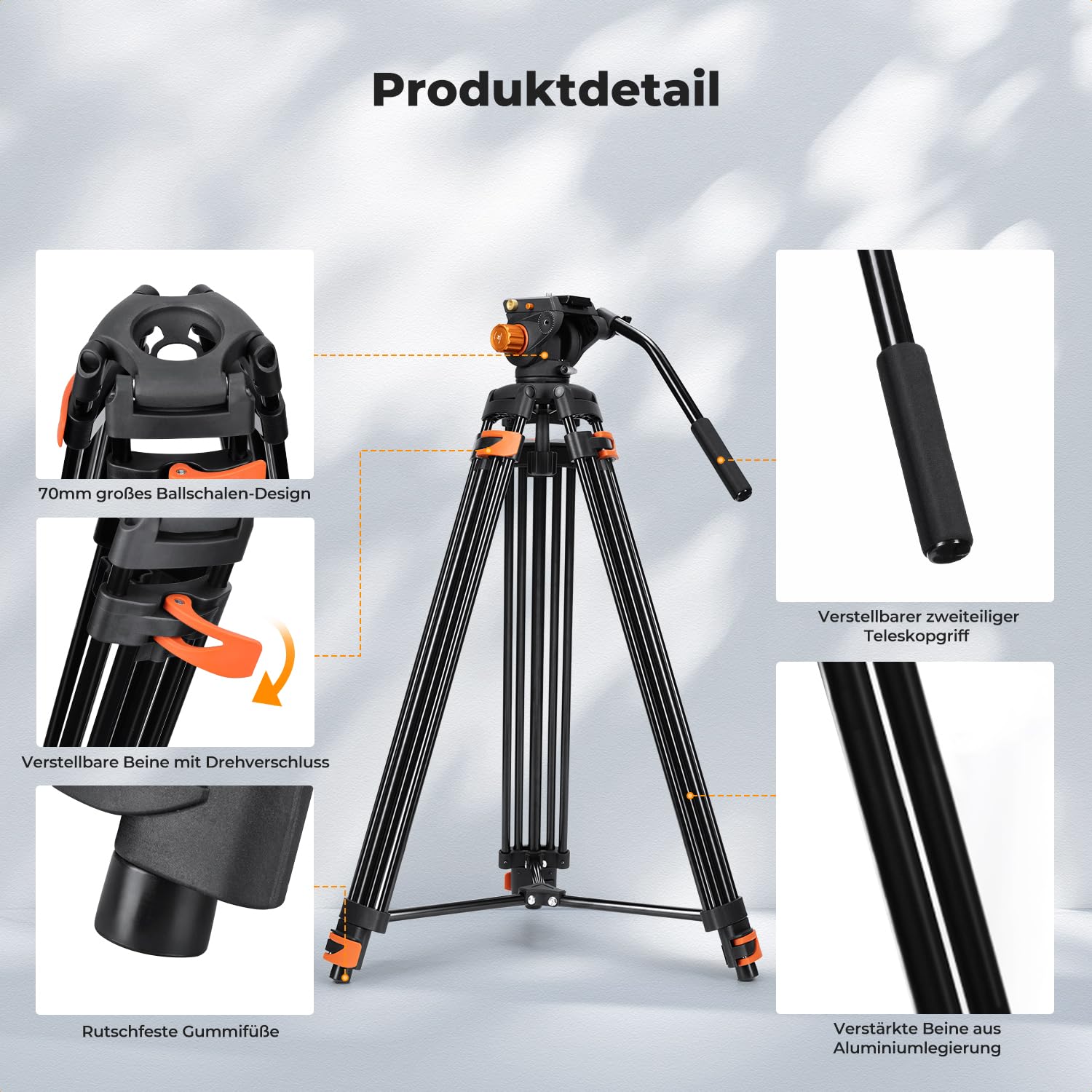 K&F CONCEPT Schwarz-Orange Aluminium 202cm Videostativ | Heavy Duty Tripod Stativ, Fluidkopf, Schnellwechselplatte, Tragkraft 8kg für DSLR, Camcorder, Kameras VA3+BV70