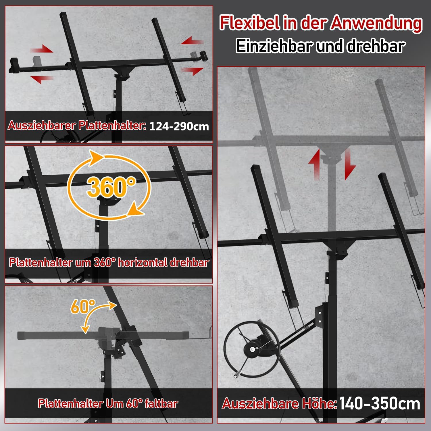 Elevador Placas de Yeso, Pladur Profesional, Herramientas para Pladur, Plataforma Elevadora, Maquina de Pladur, Caballete Extensible,Altura de Trabajo Regulable de 140-350 cm, Carga 68 kg