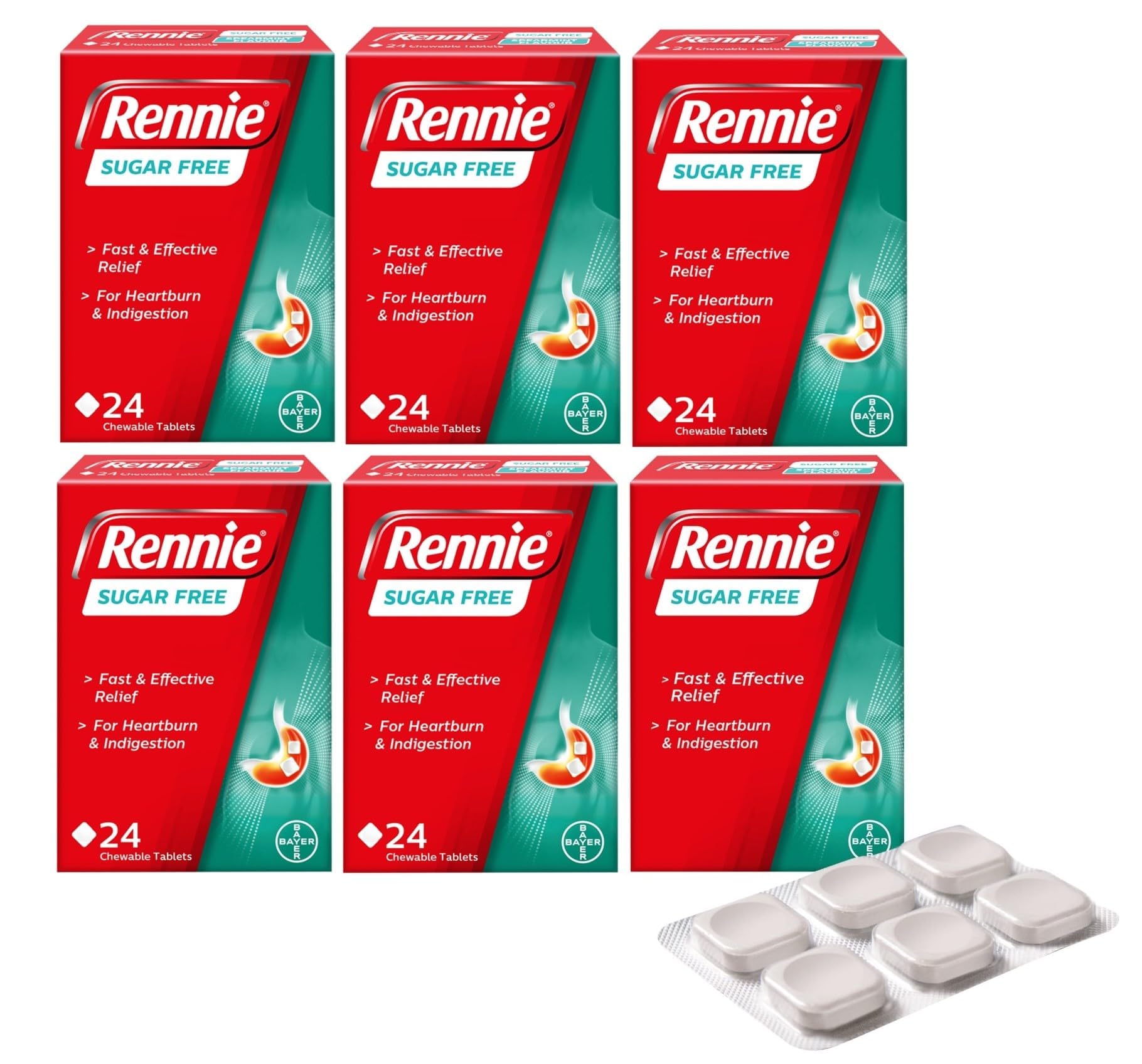 Sugar Free - Fast & Effective Relief for Heartburn & Indigestion - 144 Chewable Tables (6 Pack of 24 Tables)
