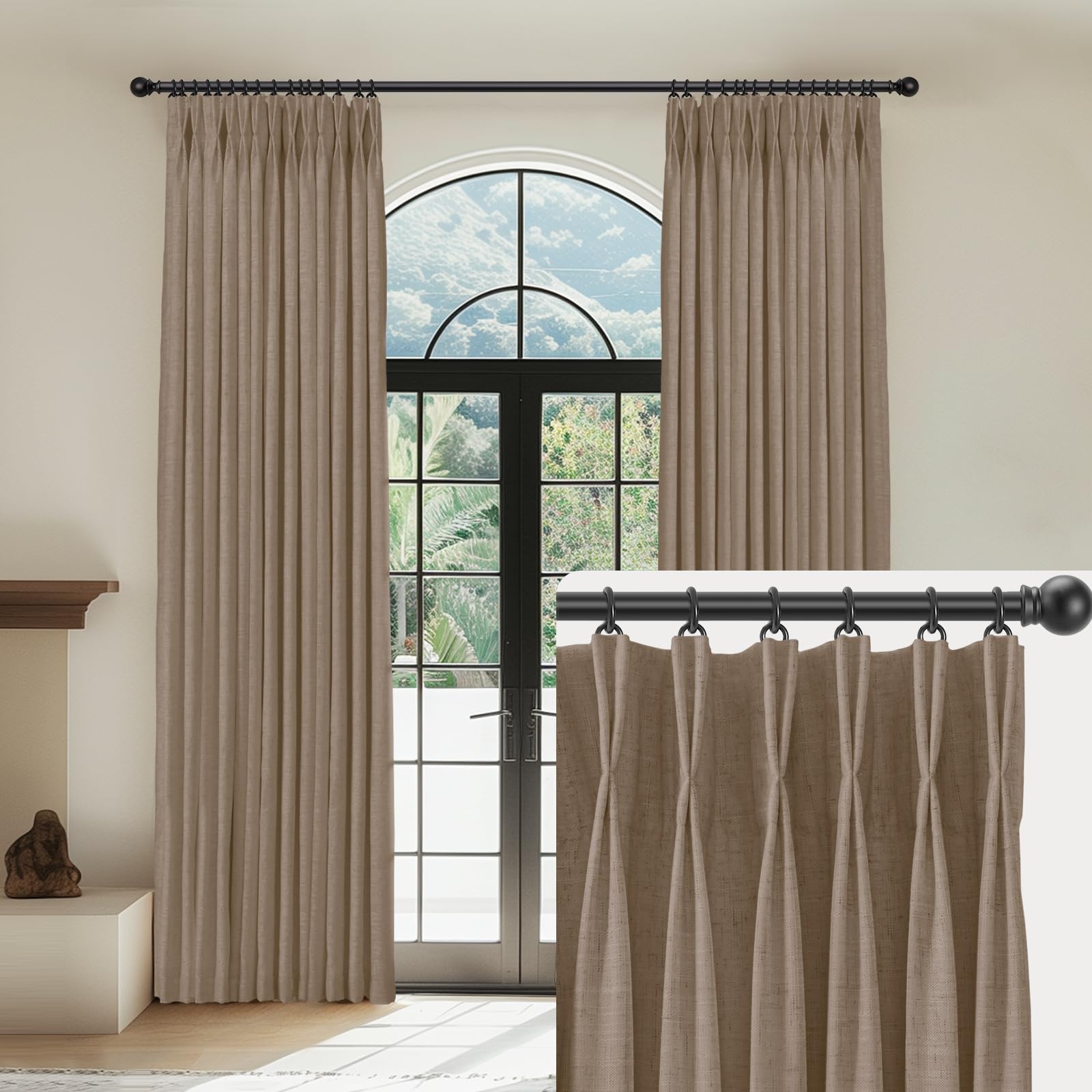 CAPALOCA Linen Pinch Pleated Curtains Blackout 100% Black Out Curtains 96 Inches Long 2 Panels with Hooks, Thermal Insulated Pinch Pleat Drapes for Bedroom, 40Wx96L, Rust Brown