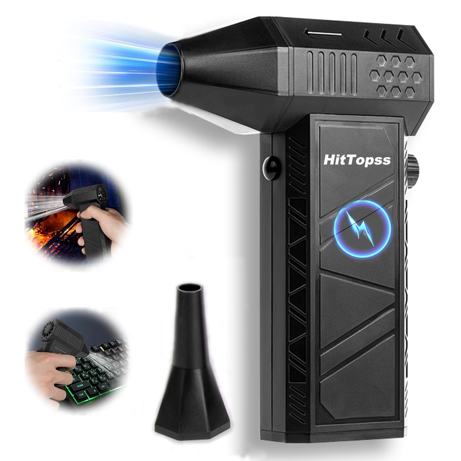 HitTopss Compressed Air Duster, 130000RPM Mini Electric Air Duster, Adjustable Air Gear Jet Dry Air Blower Can with 2 Blowing Nozzles for Cleaning Car, PC Keyboard, Home and Outdoors