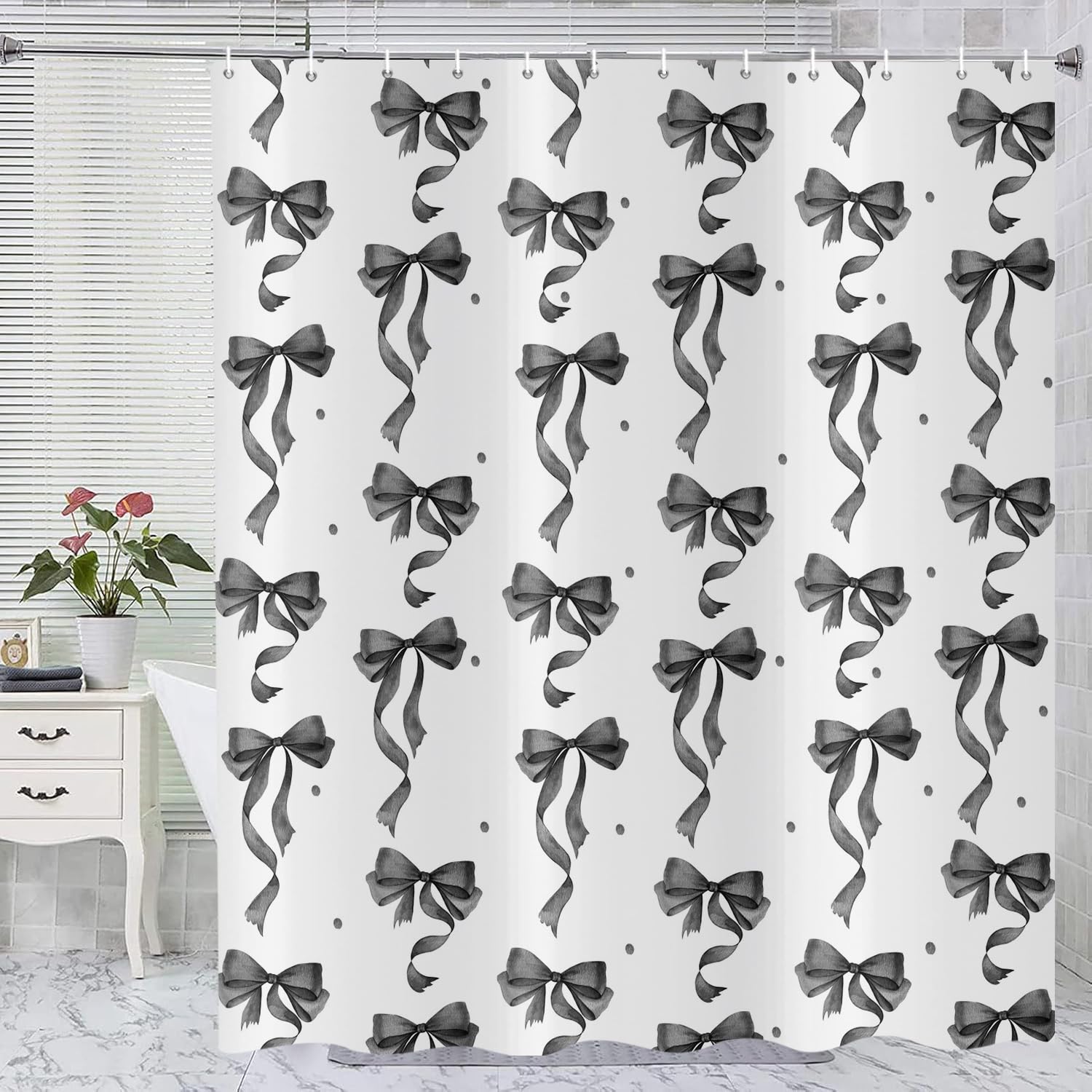 ASDCXZ Black Bow Shower Curtain 240x180 cm, Modern Simple Black Aesthetic Bow Kids Bathroom Decor White Waterproof Bath Curtain Polyester Textile Washable Shower Curtains for Bathtub with 16 Hooks
