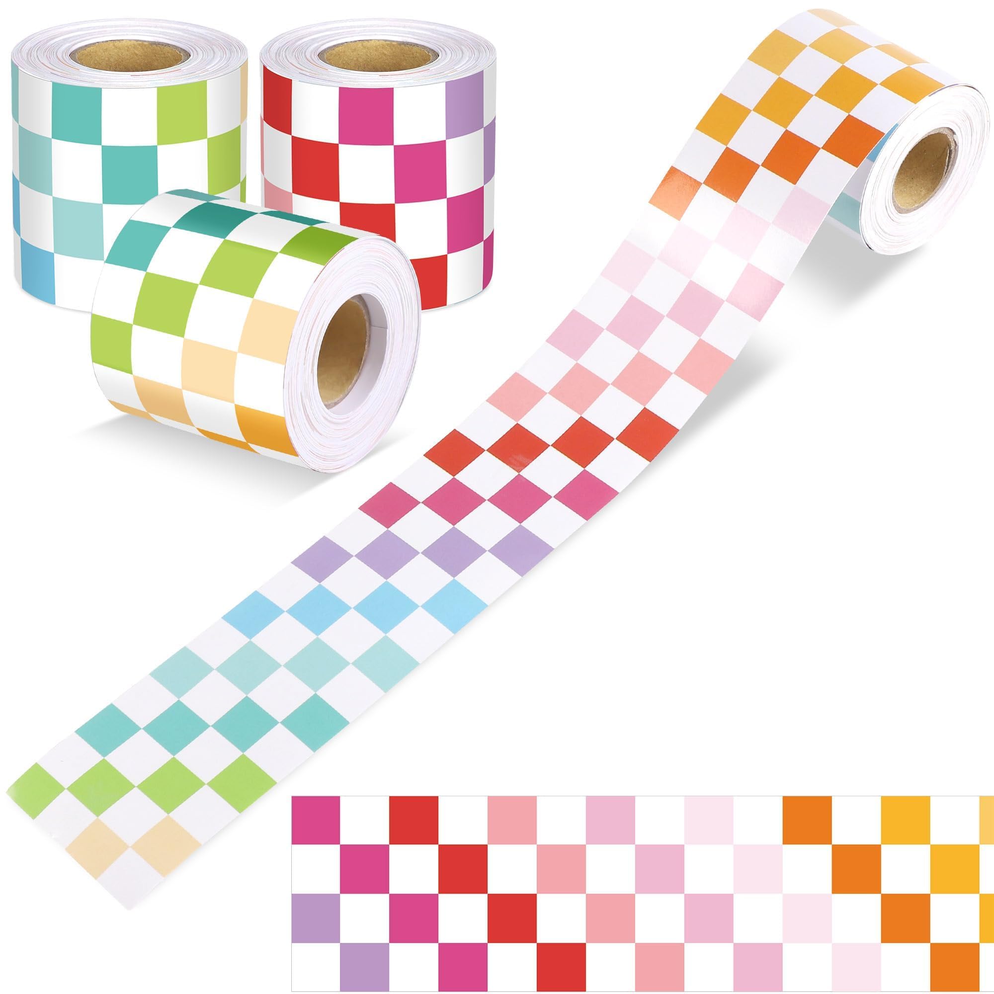 Aodaer 3 Rolls 98.4 ft Pastel Checkerboard Bulletin Board Borders Straight Border Trims Checkered Decorative Classroom Rolled Bulletin Border Trim