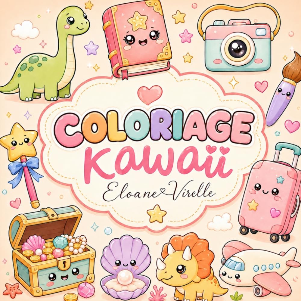 Coloriage Kawaii Enfants 4-12 ans – 40 Dessins Mignons à Colorier: Dessins Mignons et Faciles à Colorier avec Animaux, Nourriture, Fêtes, Saisons et Objets Adorables pour Créativité et Détente