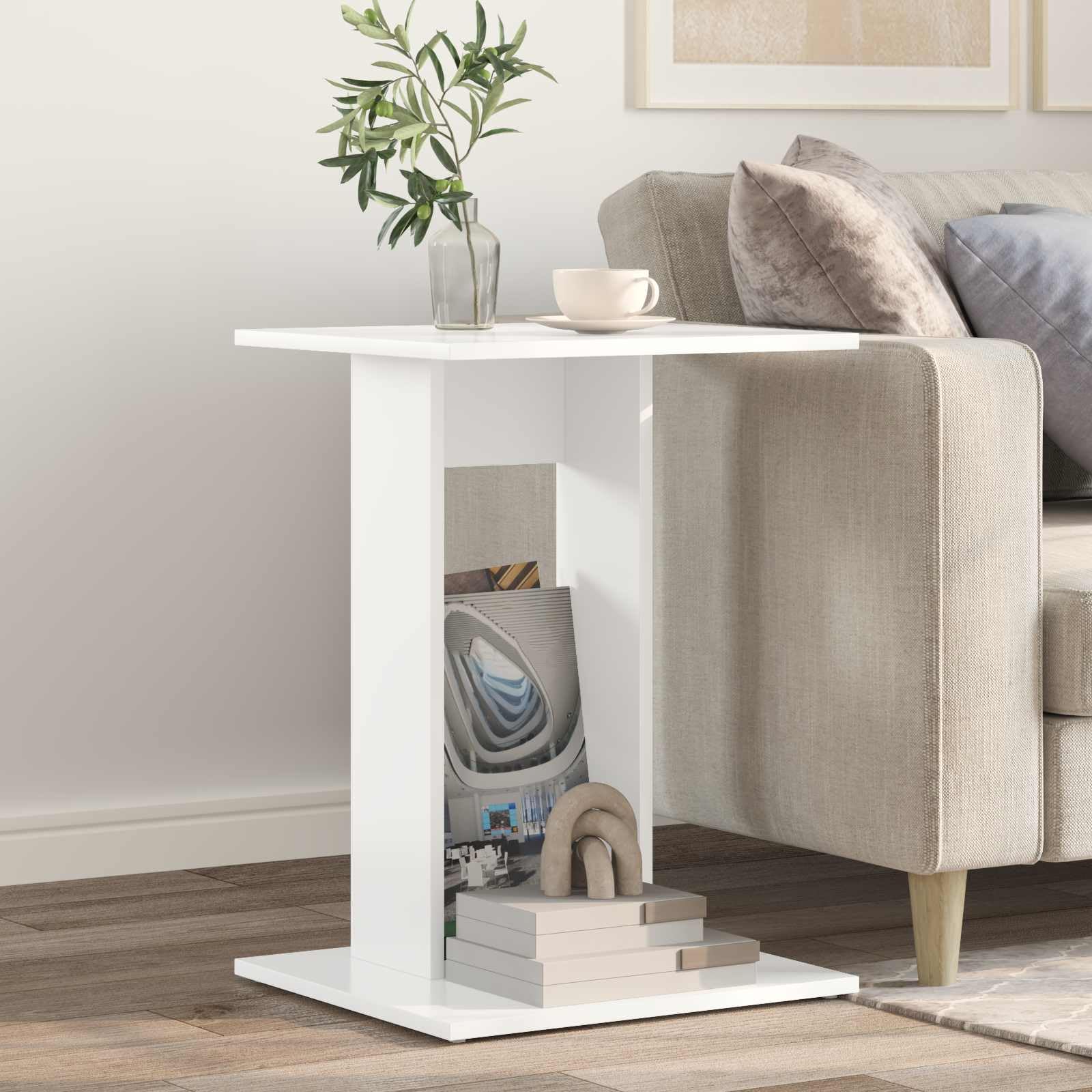 Mesa auxiliar blanca de madera 45 x 40 x 62,5 cm, mesa de centro compacta con estante para salón, pasillo y dormitorio, mesa de sofá estable para lámpara, libro y decoración