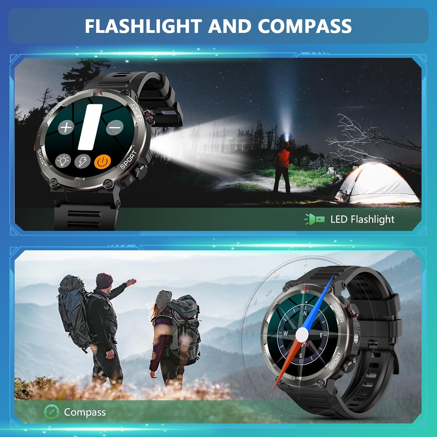 Military Smart Watch for Men, 100 Days Battery/Led Flashlight/Compass/2 Straps/IP68 Waterproof Smart Watches for Men, Tactical Smart Watch Outdoor, Answer/Make Calls Fitness Tracker for iPhone/Android