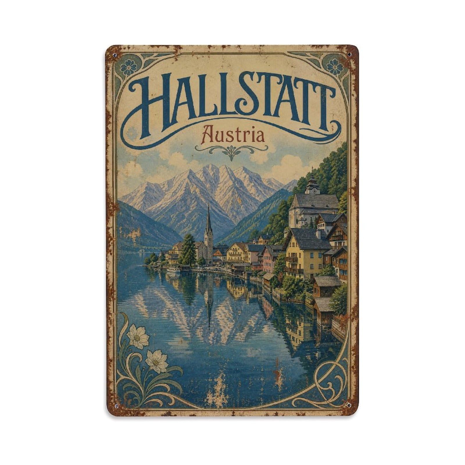 Gead 8X12inch Style Vintage Travel Hallstatt Austria Lake Metal Tin Sign