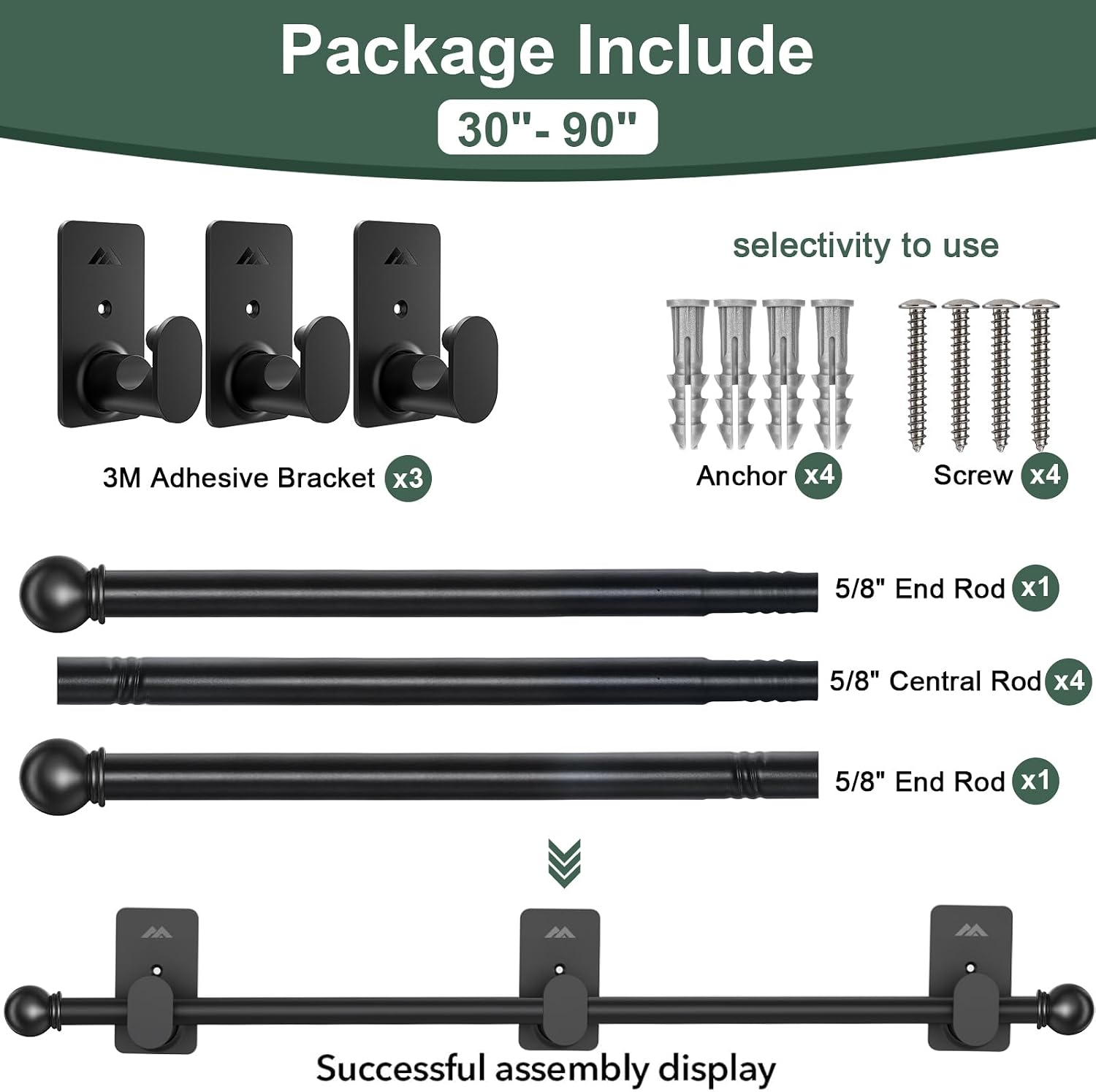 ZNONOX Curtain Rods No Drilling for Windows 30 to 90 Inches,5/8 Inch Diameter No Drill Curtain Rod Set with 3M Adhesive Brackets, Black image 5