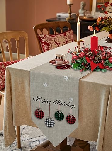 Miniatura 6 de Camino de mesa temático de Navidad, algodón y lino, adornos rústicos, bolas a cuadros, antideslizantes, decoraciones de fiesta, bufanda de tocador