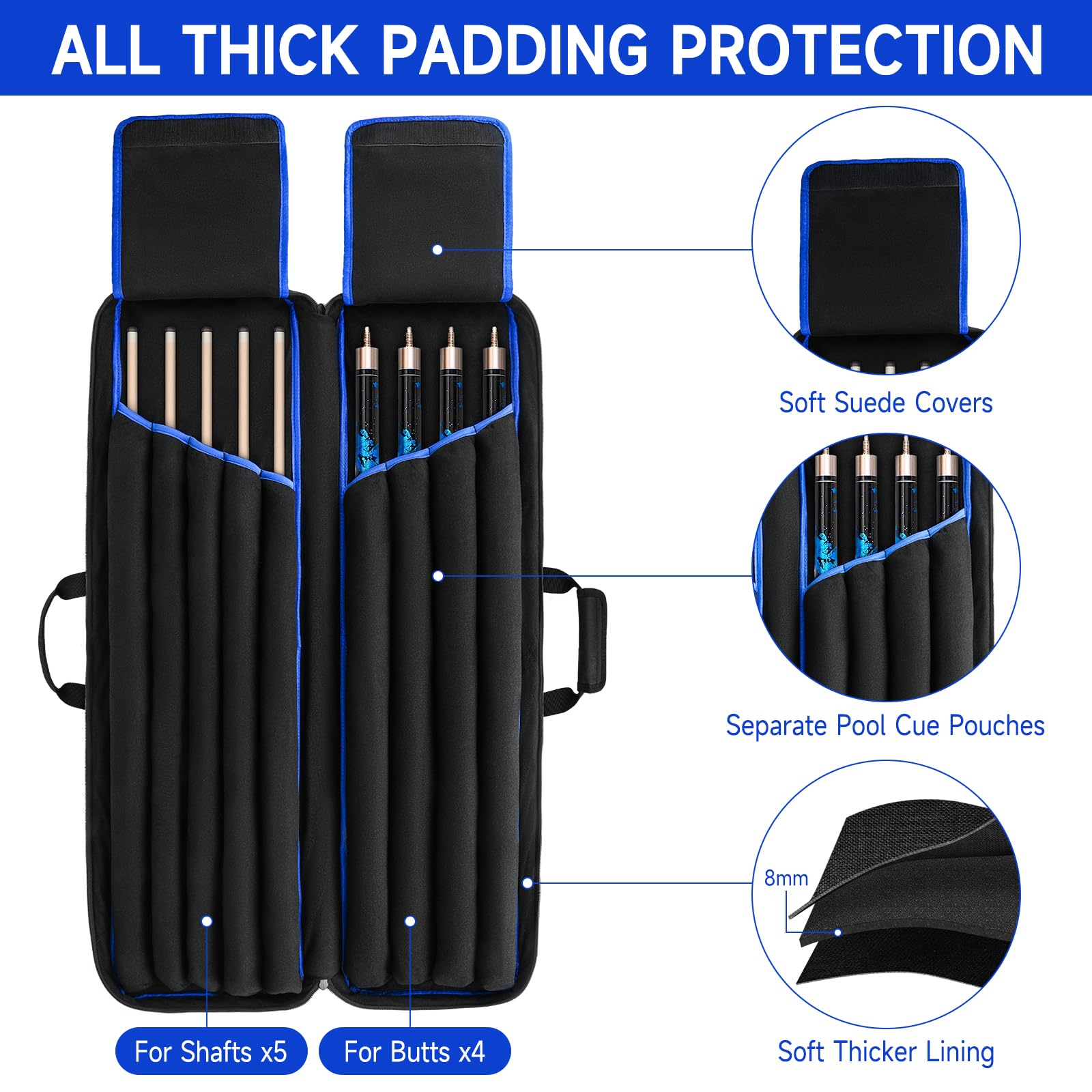 Billardqueue-Tasche für 4 x 5, Pool-Stick-Tragetasche für 4 Hintern und 5 Schäfte, Billardqueue-Tasche mit 14 Taschen und Schultergurten