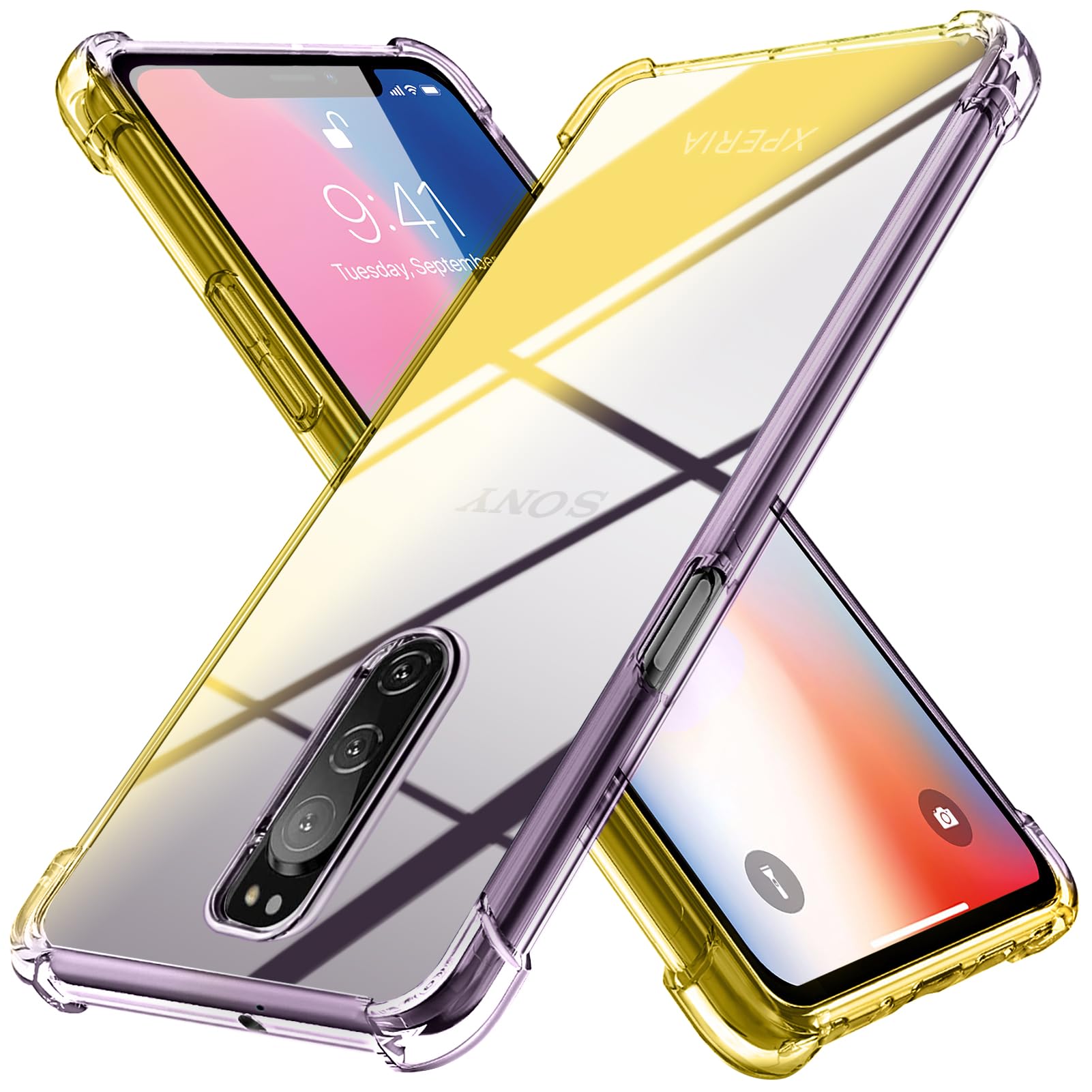 Xperia 1 ケース クリア 薄型 グラデーション色 ケース SO-03L SOV40 ケース 軽量 tpu 耐衝撃 スマホケース 透明 米軍MIL規格取得 おしゃれ 黄変防止防塵一体型 人気 エクスペリア 1 携帯カバー 黒/ゴールド MD-JBK-003-07