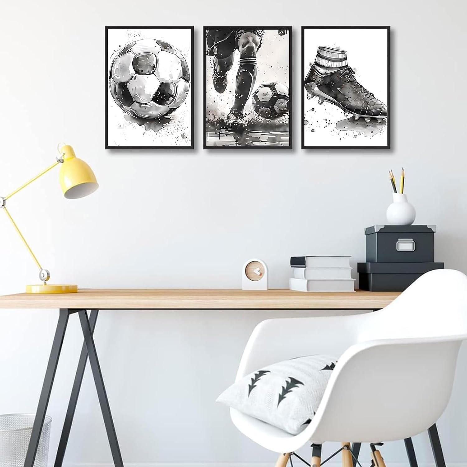 3Pcs Soccer Posters Wall Art Black and White Football Decor pictures Modern Sports Theme Poster Prints for Stadium Boys Room Locker Room Living Room Home Decoration Unframed