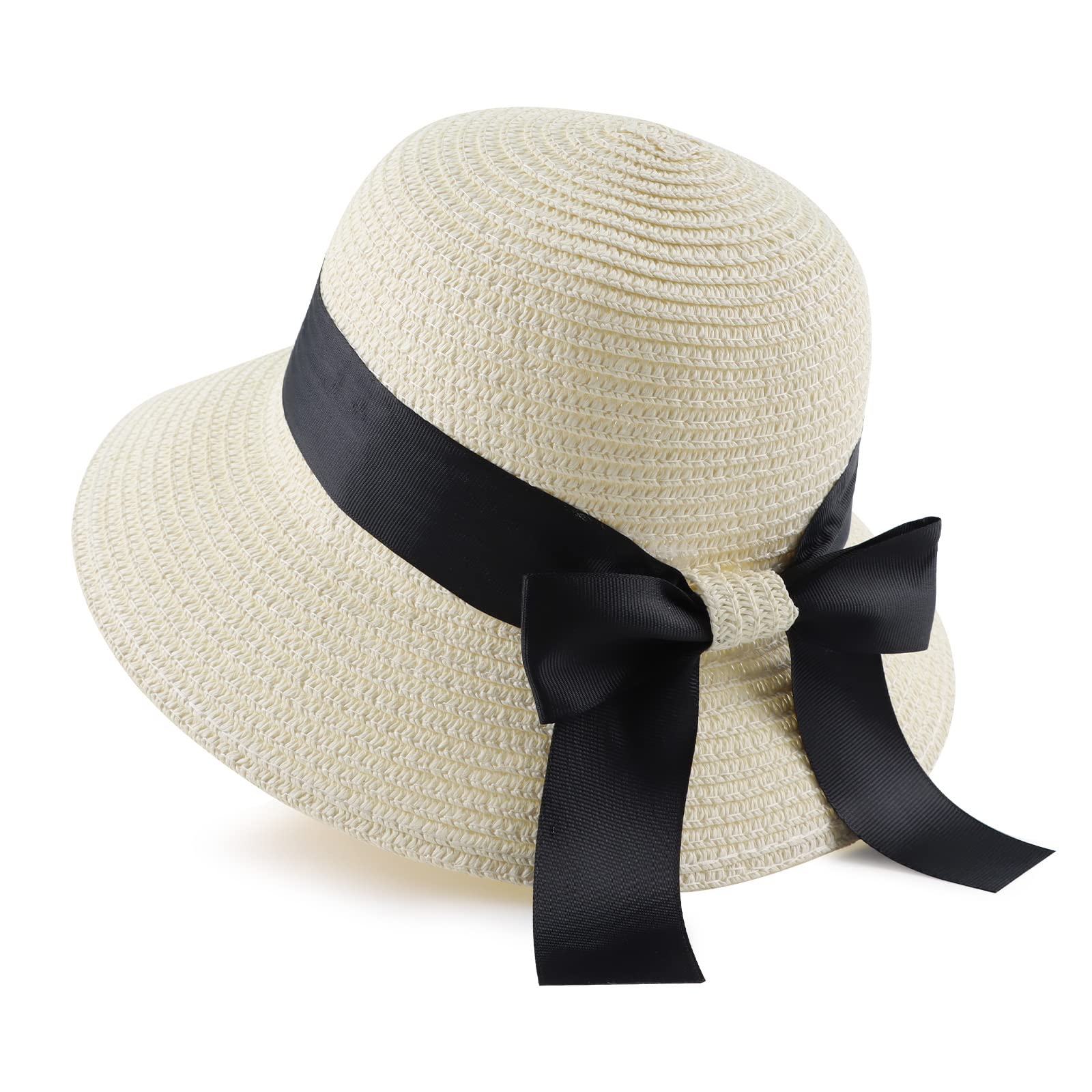 Zsedrut Women,Little Girls Straw Sun Hat Summer Beach Cap Foldable Visor Floppy Hats Wide Brim with Bowknot