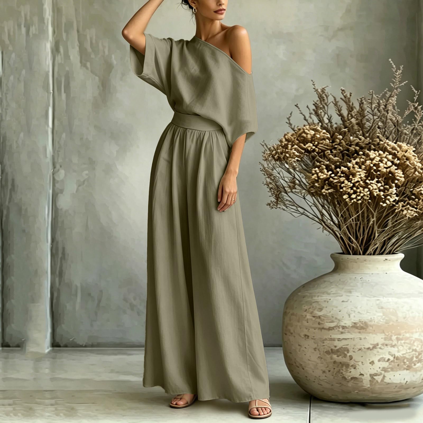 Lino Ropa Conjunto 2 Piezas Mujer Ropa de Lino Mujer Verano Conjuntos Top Cuello V y Pantalones Anchos Color Sólido Casual Elegante Conjunto Top Pantalones Sueltos con Bolsillo para Playa Vacaciones