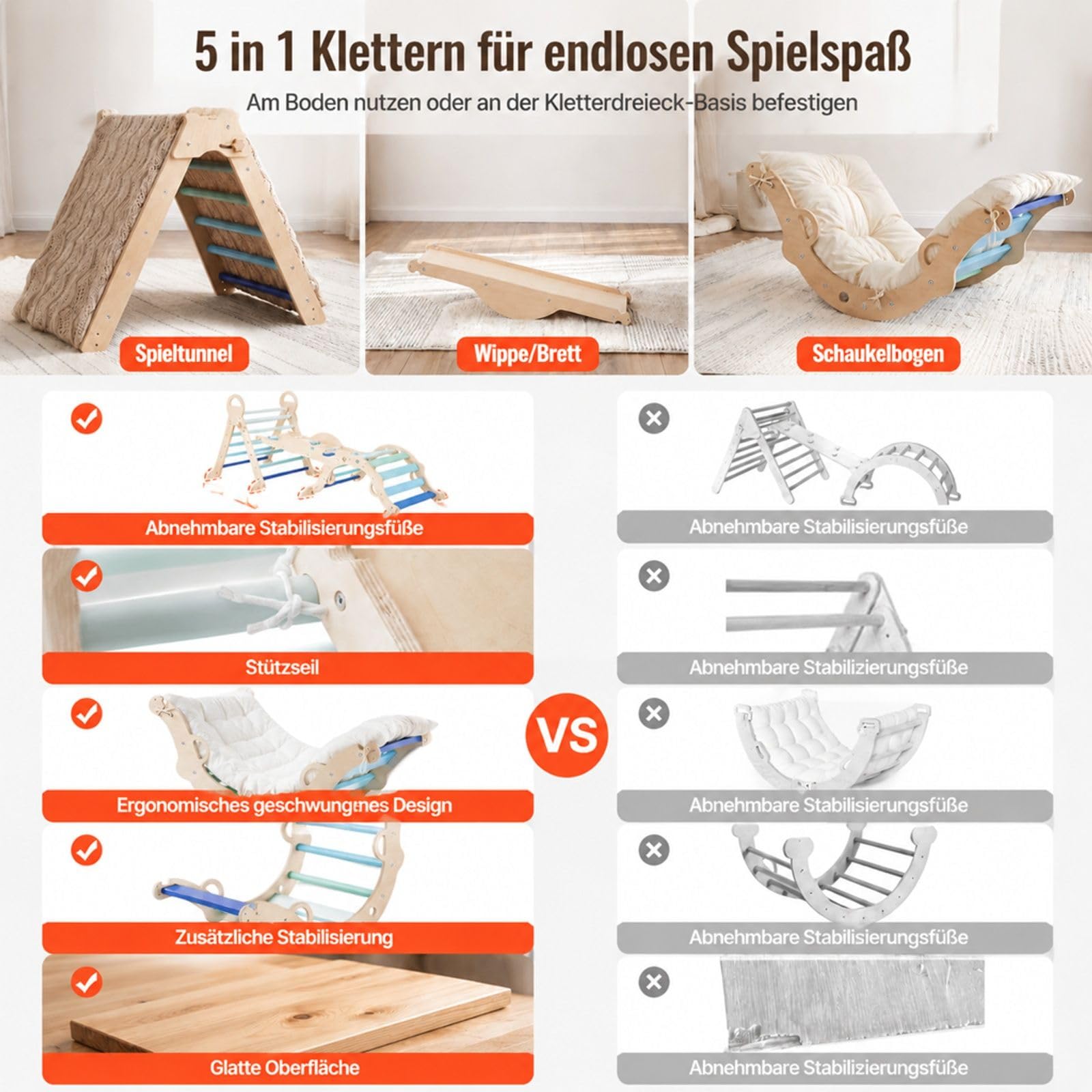 Kletterdreieck, 9-in-1 Kletterspielzeug, mit Holzautos, Kissen, Kletterdreieck, Rutsche & Kletterbogen, bis 68 kg, Montessori Indoor Spielset für Kinder im Alter von 1 bis 3 Jahren, Blau