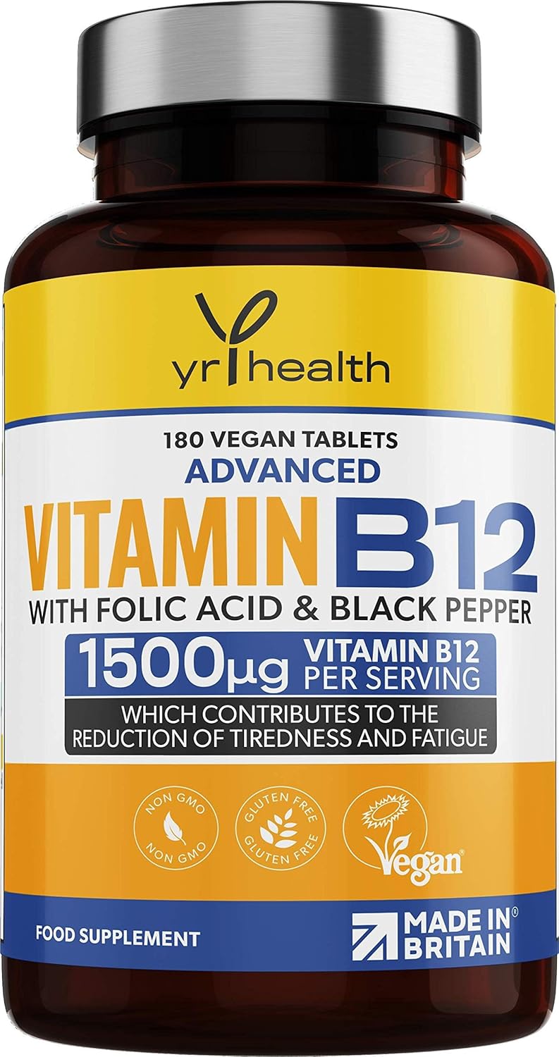 Vegan Vitamin B12 Tablets 1500mcg Methylcobalamin High Strength with Added Folic Acid & Black Pepper – 180 Tablets (6 Month Supply) – Reduction of Tiredness & Fatigue – Made in The UK by YrHealth