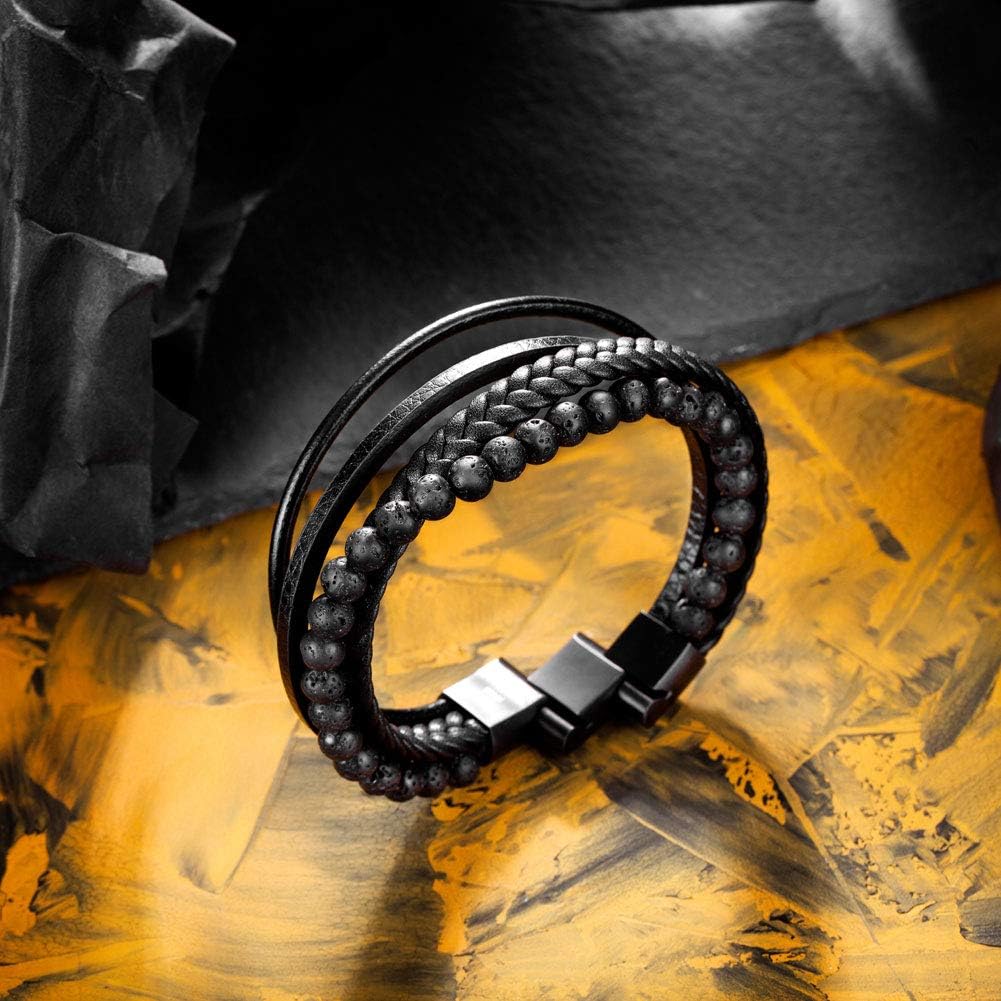 murtoo Mens Bead Leather Bracelet, Natural Bead, Steel and Leather Bracelet for Men Christmas Gift Idea