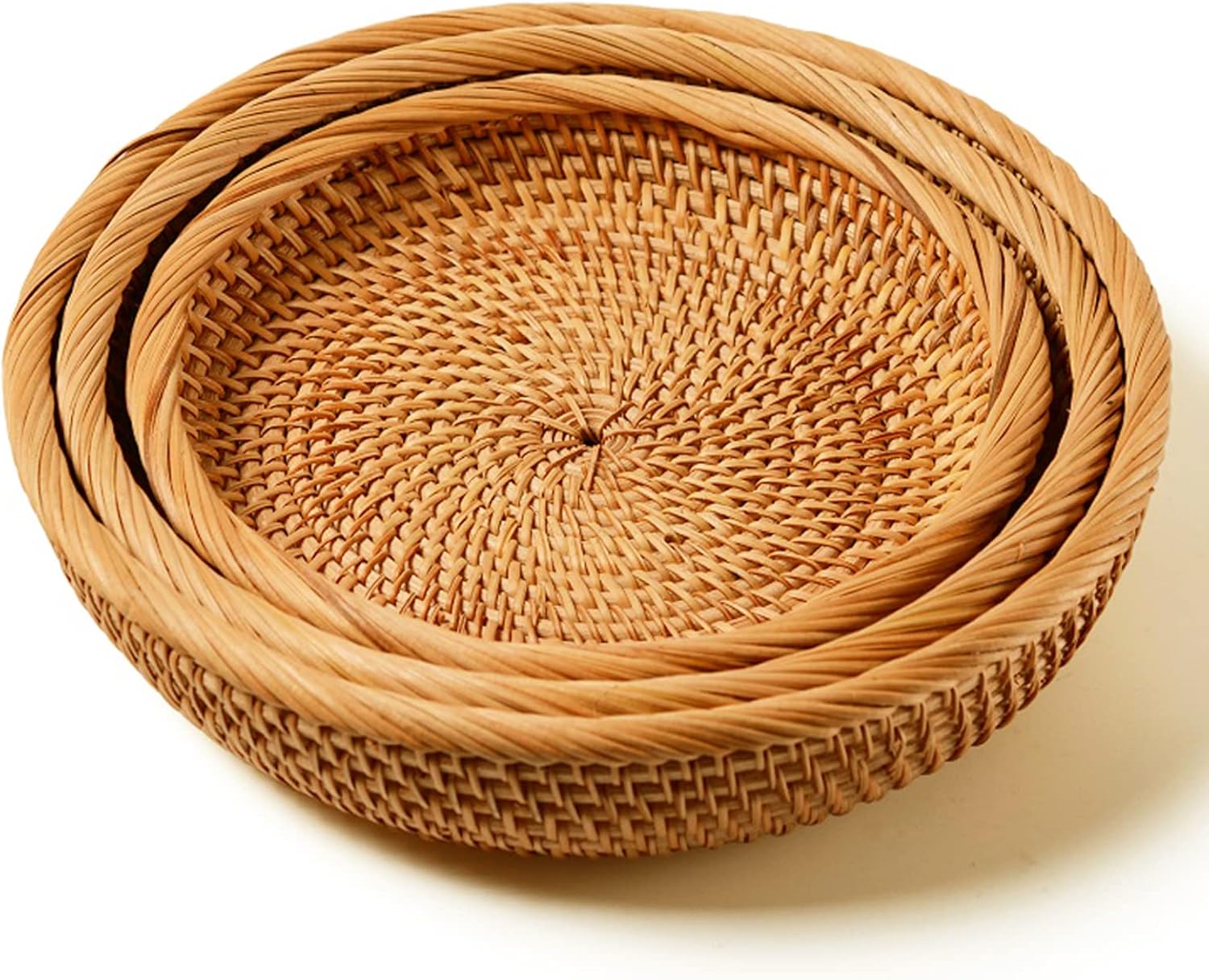 I-lan 3 Pack Round Bread baskets with 2" Wall, 11 Inch Rattan Fruit Basket with Rolled Edge, Decorative Natural Basket Wicker Bowl for Nuts, Candy Catch All Dish, Storage, Coffee Table, Brown, S M L