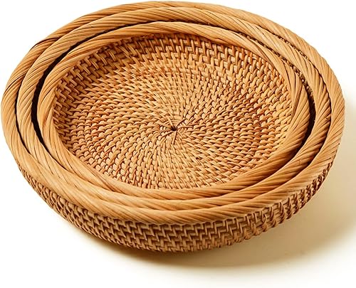 Miniatura 9 de I-lan Cesta de pan de ratán de 9 pulgadas con pared de 2 pulgadas, bandeja plana de mimbre con borde enrollado, cuenco redondo decorativo para todos