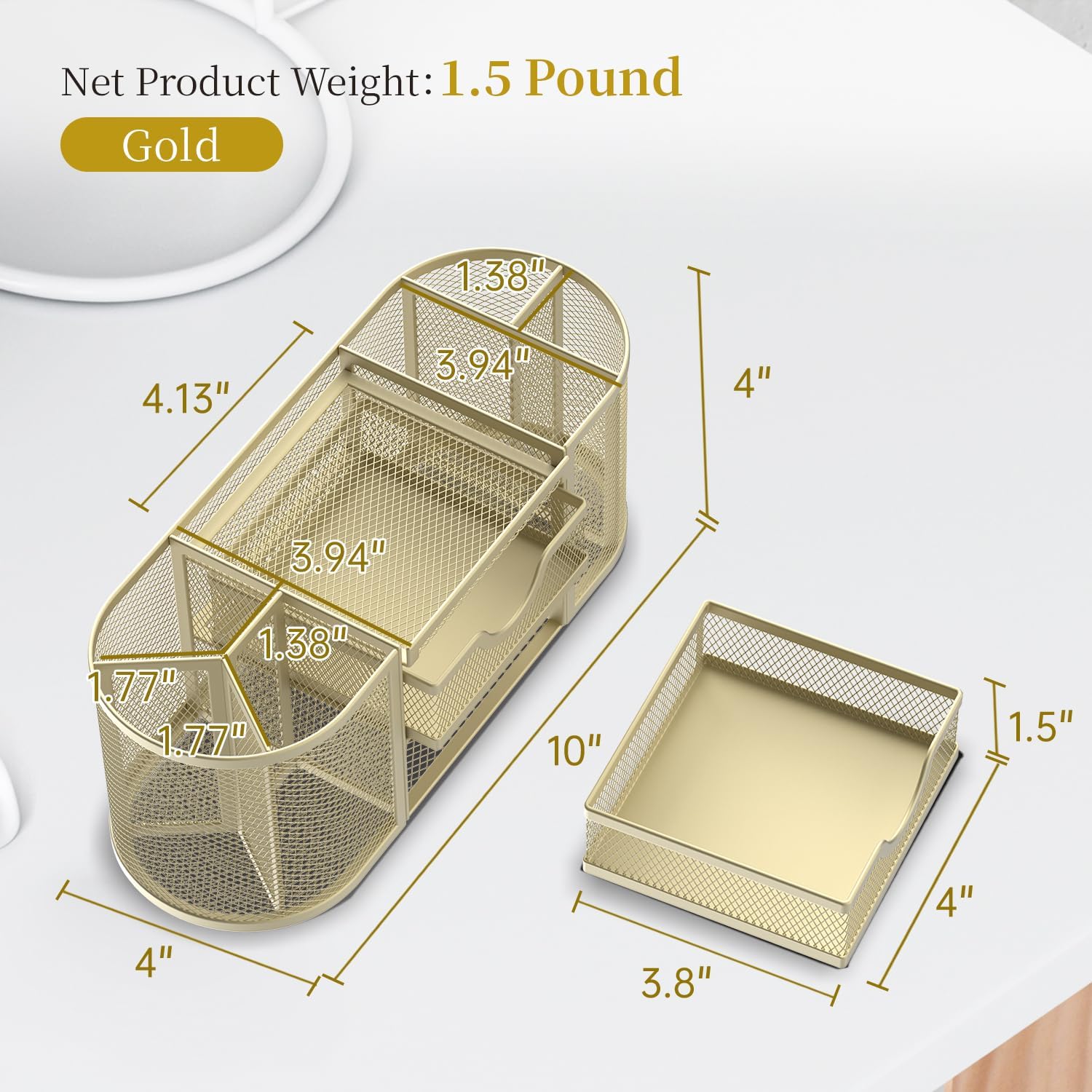 SUPEASY Mesh Desk Organizer, Desk Organizers and Accessories, Pen Holder with Drawers, Pencil Holder for Desk with 2 Drawer for Office Supplies, Golden yellow