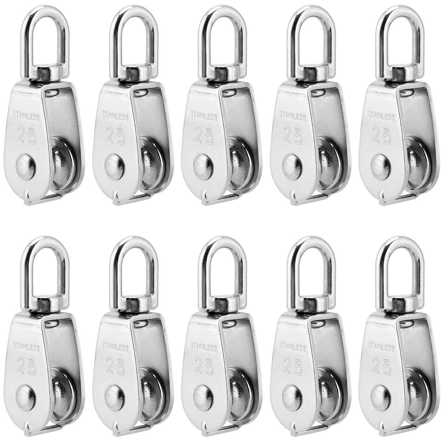 10 PCS M25 Single Pulley Block, 304 Stainless Steel Swivel Lifting Rope Pulley, Hanging Wire Rope Cable Towing Wheel, Loading 308 Lbs
