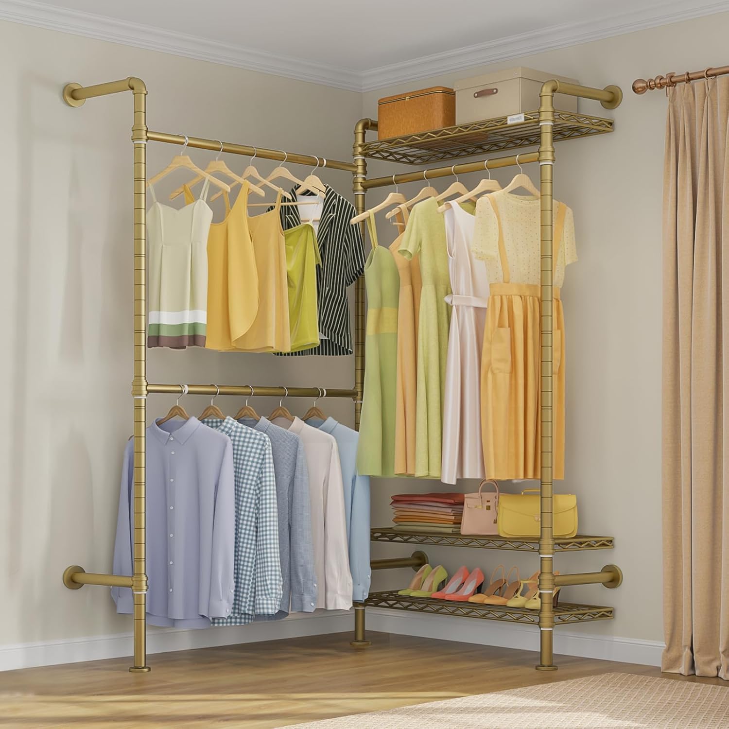 Timate L2 Wall Mounted Clothes Rack Industrial Pipe Clothing Rack for Hanging Clothes, Adjustable Expandable Garment Rack Heavy Duty Closet Organizer, Black Mounted Storage Industrial Closet System