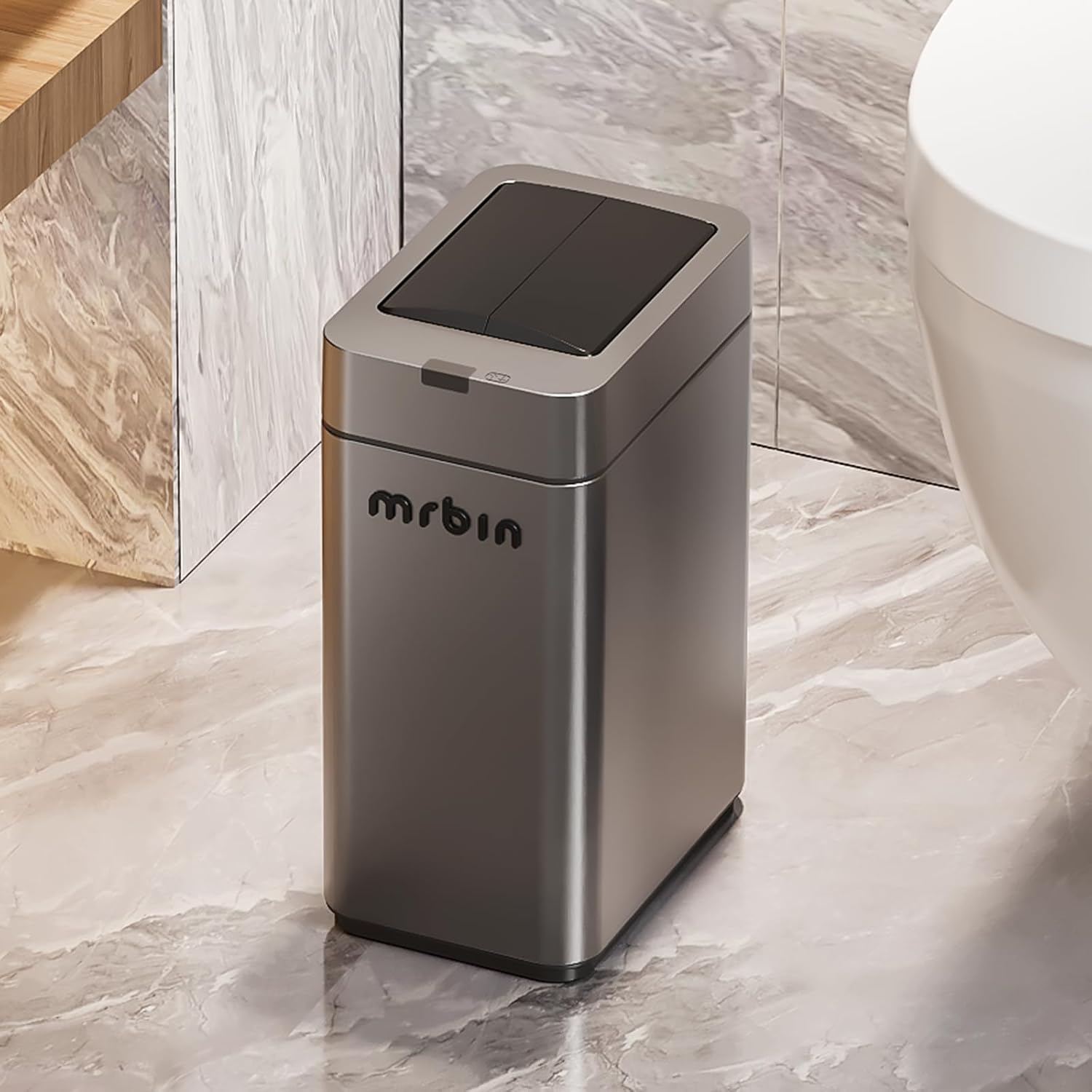 MRBIN Slim 2.4 Gal Bathroom Trash Can with Lid – Small Stainless Steel Touchless Motion-Sensor Waste Basket for Office, Bedroom, Kitchen, RV, Quiet Close, Dog-Proof, Space-Saving Narrow Garbage Can