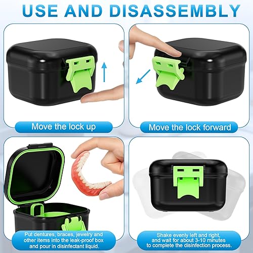 Miniatura 4 de ANYLEY Estuche de dentadura a prueba de fugas, estuche limpiador portátil de retención de remojo con colador, caja de limpieza de bloqueo seguro