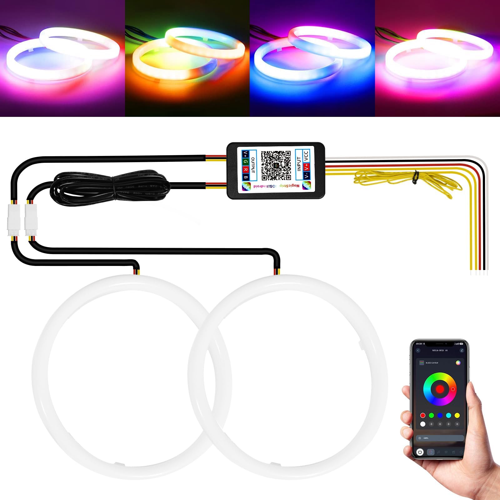 Qasim Angel Eyes Halo Rings Cotton Lights 12V 110MM RGB LED Universal for Car Scooter Motorcycle DRL Turn Signal Light APP Bluetooth Control Multi-Color 2-Pack