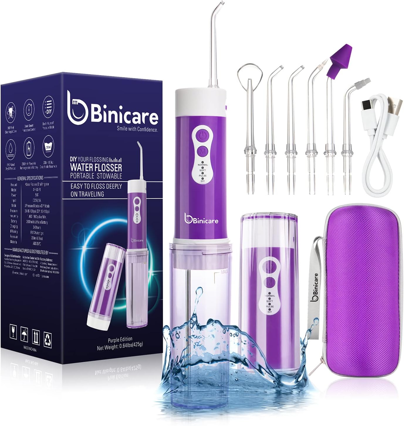 Water Flosser Portable Oral Irrigator 200ML Rechargeable Water Floss 5 Modes IPX7 Waterproof Travel Teeth Cleaner 6 Jet Tips Water Dental Flosser for Travel & Home(Purple)